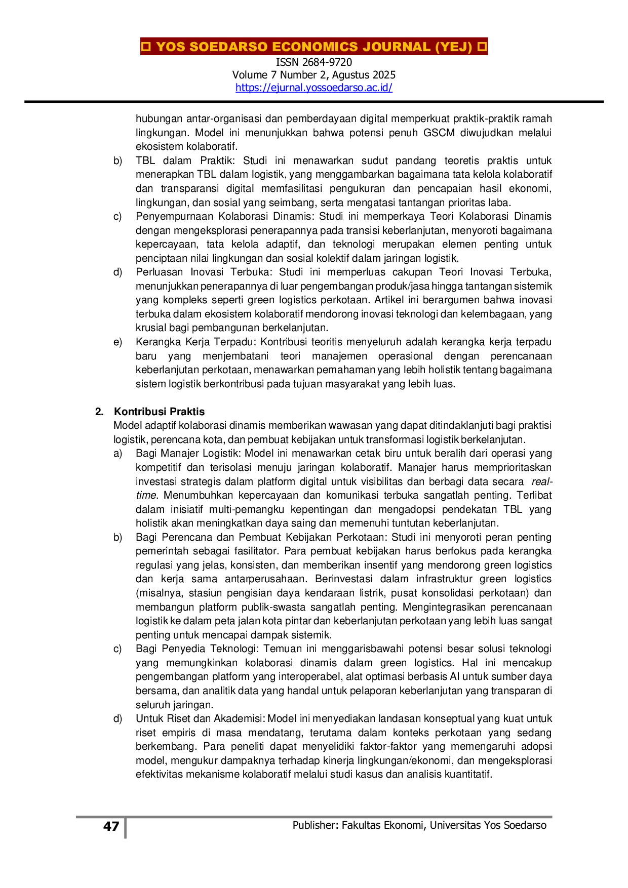 JURIS Model Adaptif Kolaborasi Dinamis Dalam Green Logistics Menuju Transformasi Bisnis Berkelanjutan Dalam Konteks Perkotaan