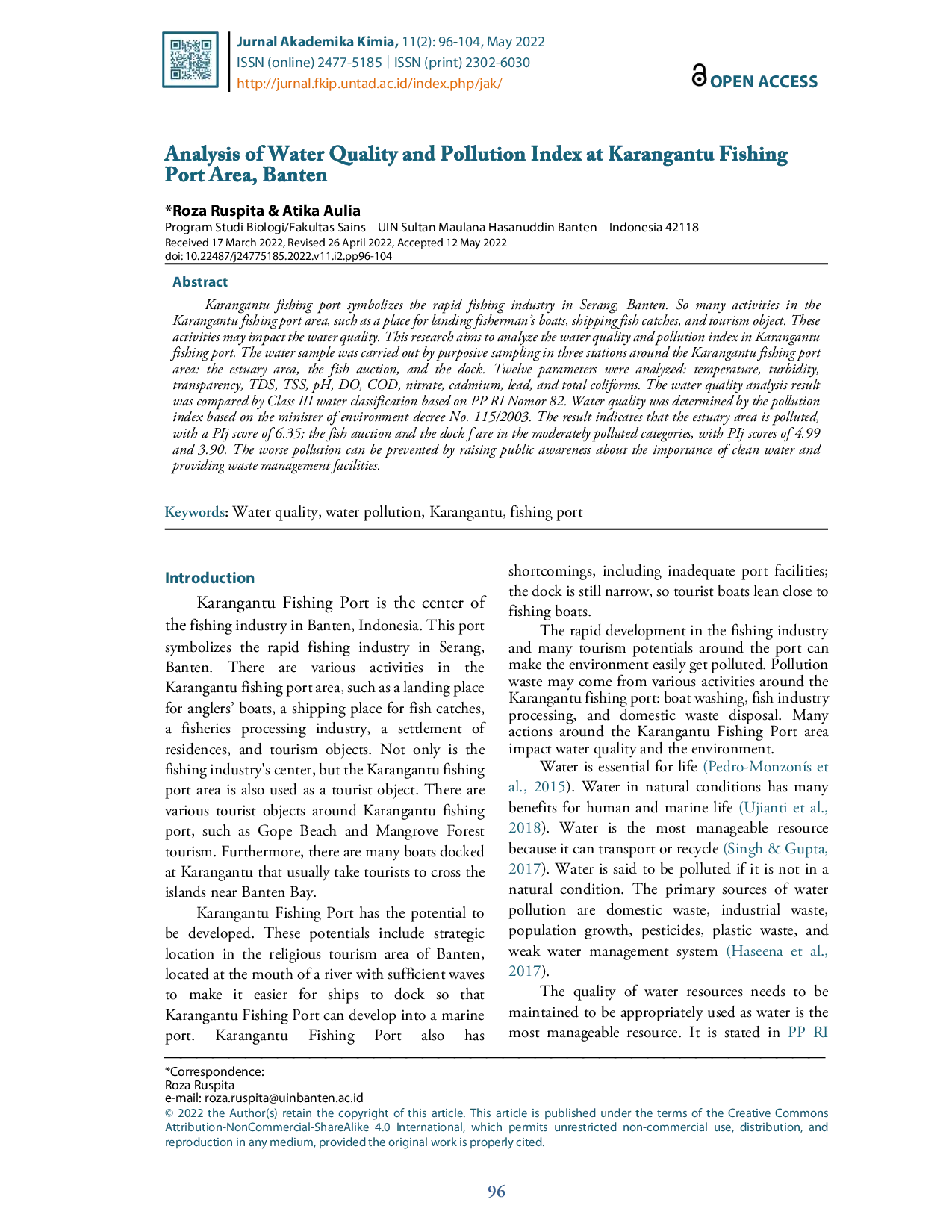JURIS Analysis of Water Quality and Pollution Index at Karangantu Fishing Port Area Banten