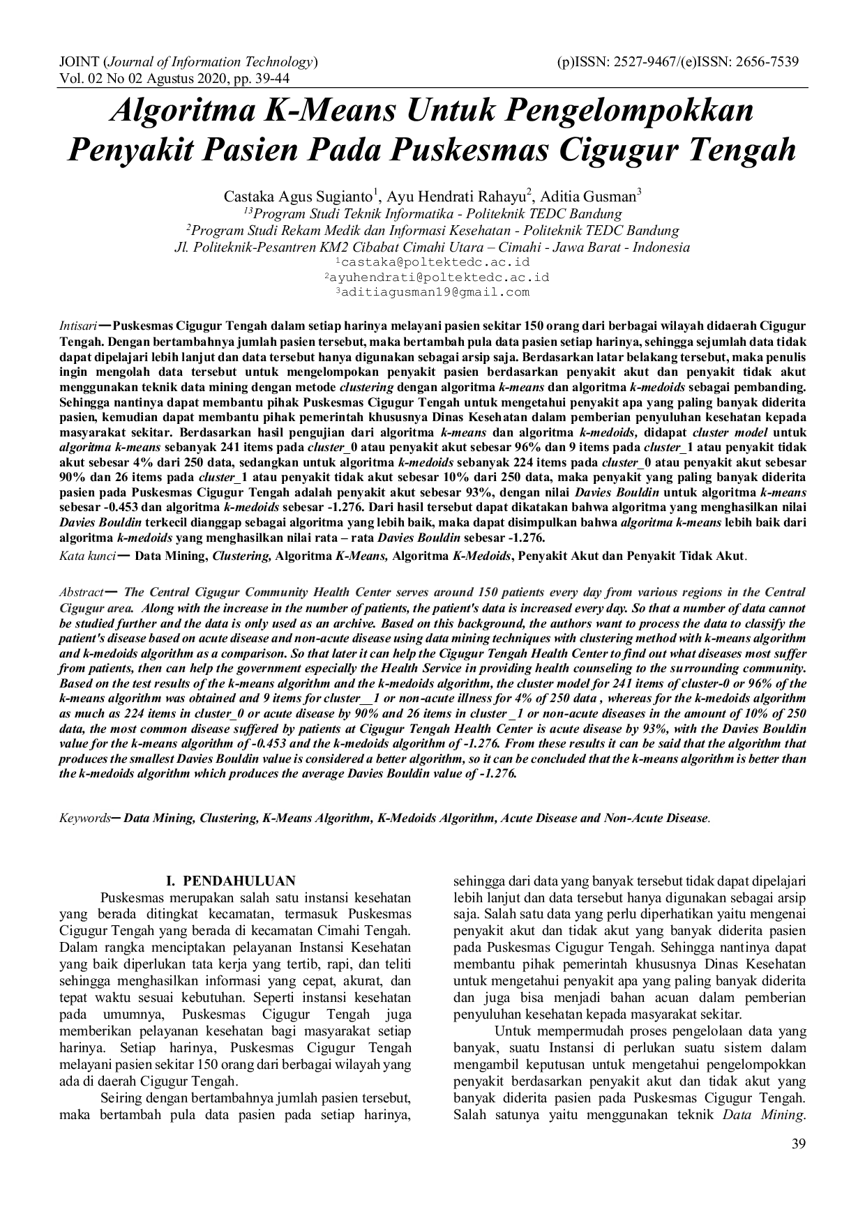 JURIS Algoritma K Means Untuk Pengelompokkan Penyakit Pasien Pada Puskesmas Cigugur Tengah