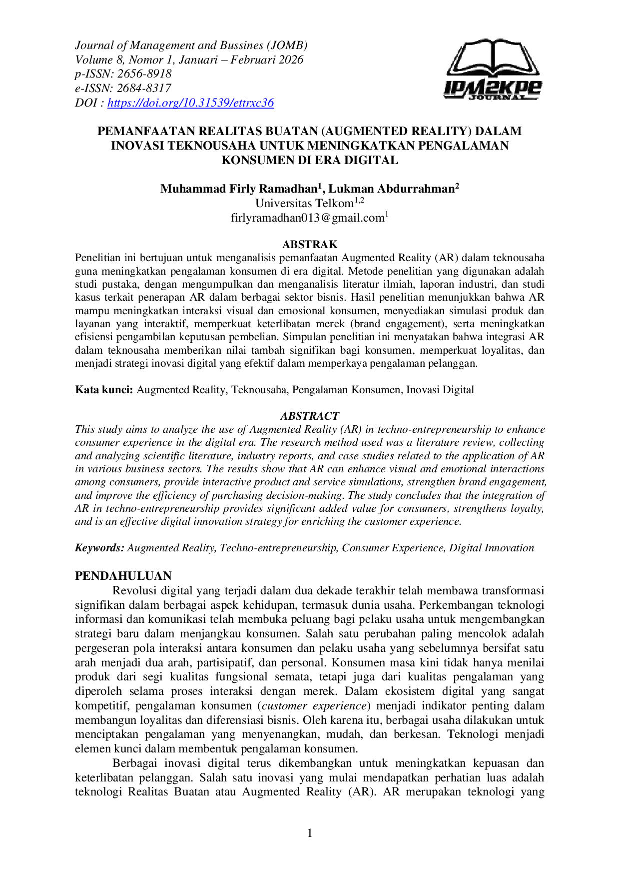 JURIS Pemanfaatan Realitas Buatan Augmented Reality dalam Inovasi Teknousaha untuk Meningkatkan Pengalaman Konsumen di Era Digital