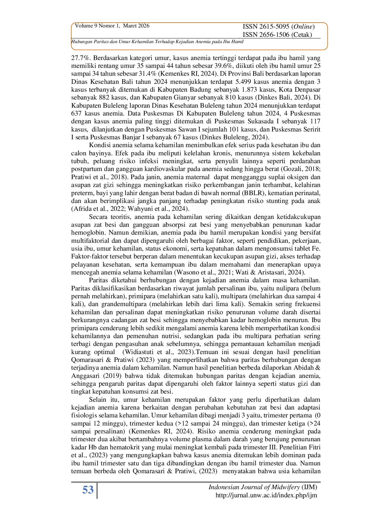 JURIS Hubungan Paritas dan Umur Kehamilan Terhadap Kejadian Anemia pada Ibu Hamil The Relationship Between Parity and Gestational Age with the Incidence of Anemia in Pregnant Women