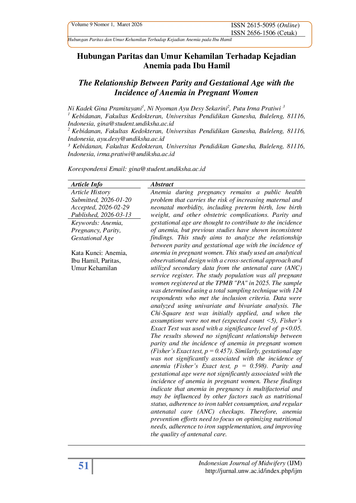 JURIS Hubungan Paritas dan Umur Kehamilan Terhadap Kejadian Anemia pada Ibu Hamil The Relationship Between Parity and Gestational Age with the Incidence of Anemia in Pregnant Women