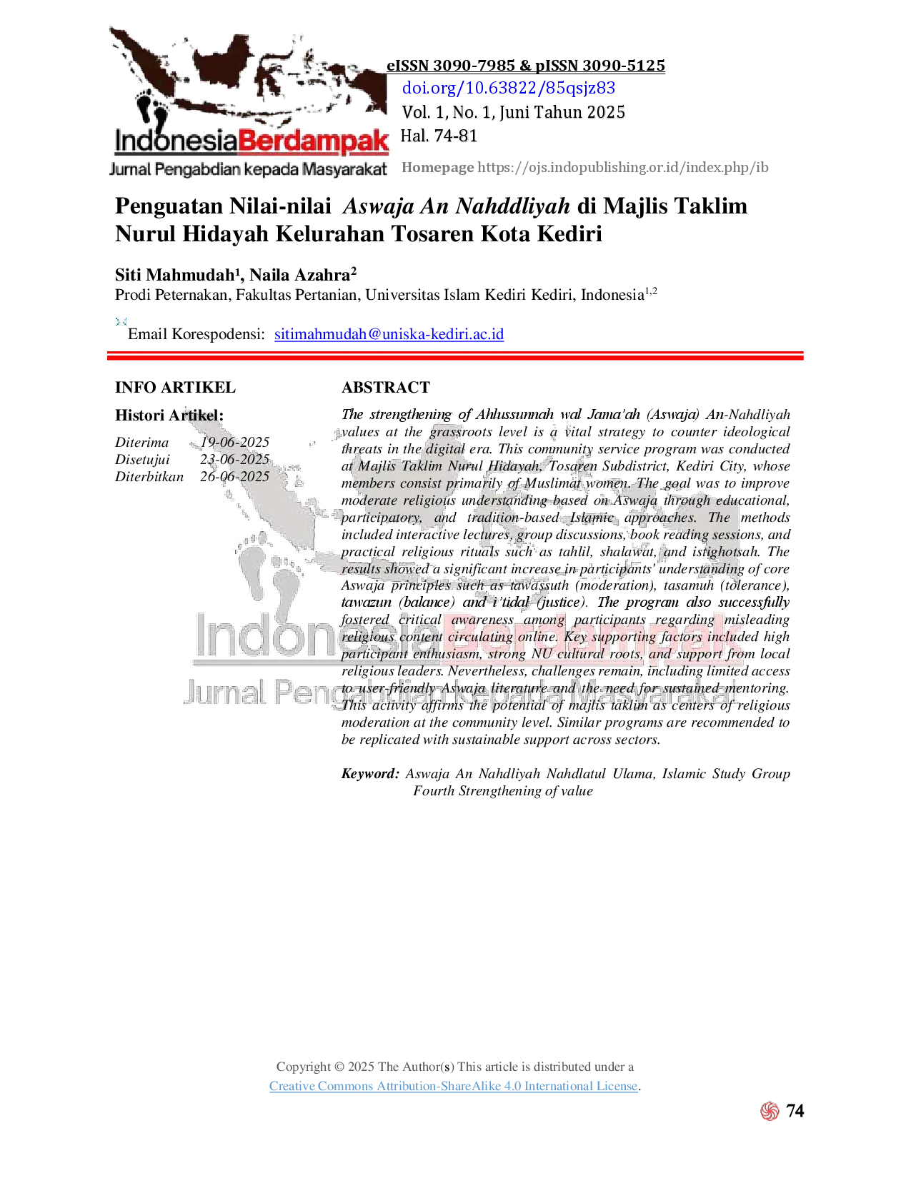 JURIS Penguatan Nilai nilai Aswaja An Nahddliyah di Majlis Taklim Nurul Hidayah Kelurahan Tosaren Kota Kediri