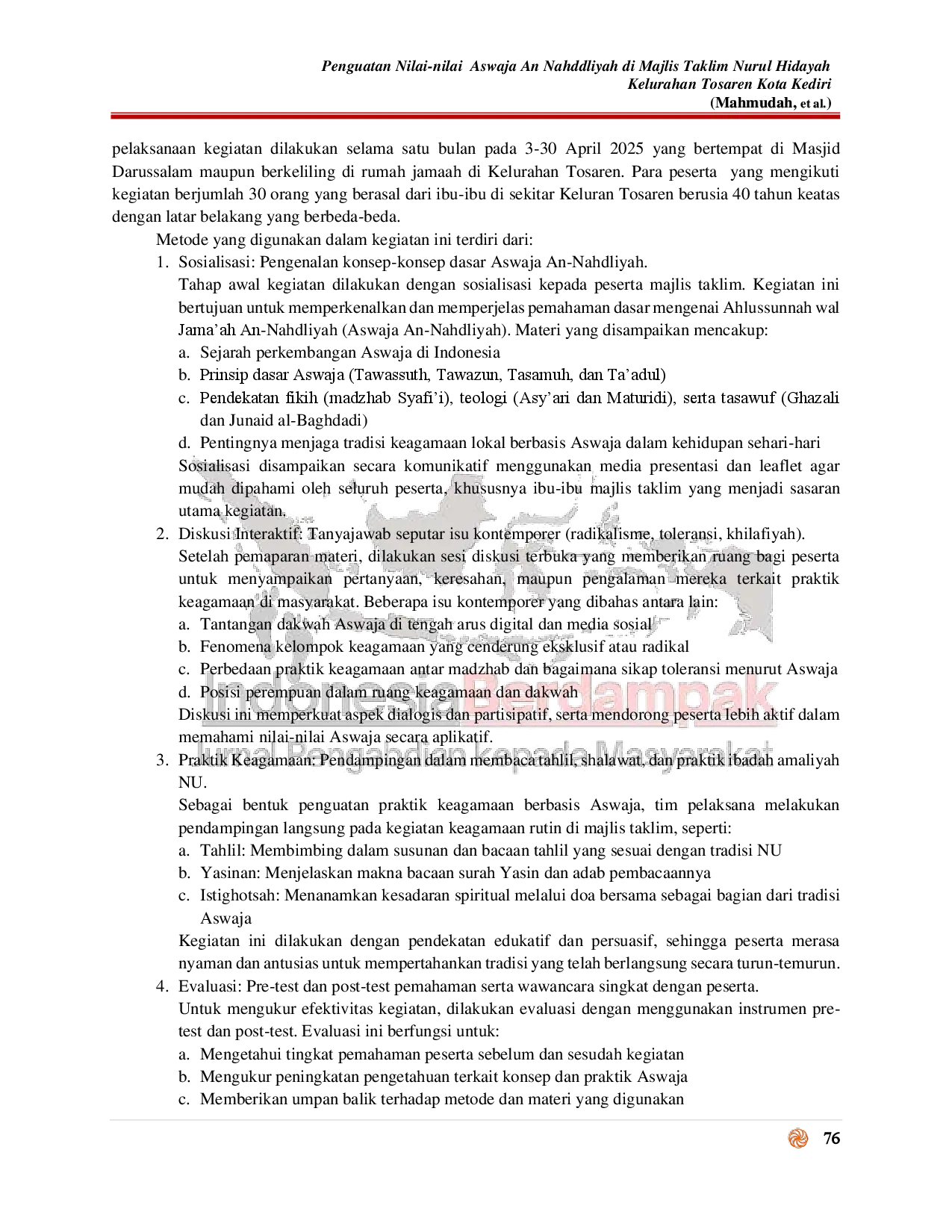 juris Penguatan Nilai nilai Aswaja An Nahddliyah di Majlis Taklim Nurul Hidayah Kelurahan Tosaren Kota Kediri