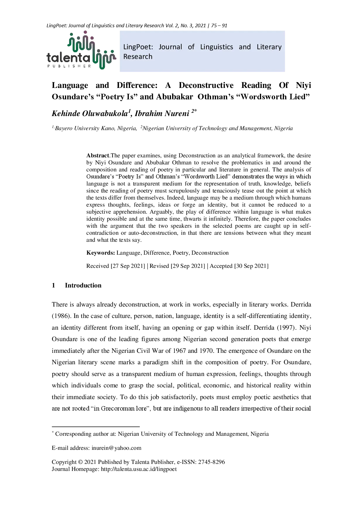 juris Language and Difference A Deconstructive Reading Of Niyi Osundare s Poetry Is Ay and Abubakar Othman s Wordsworth Lied Ay