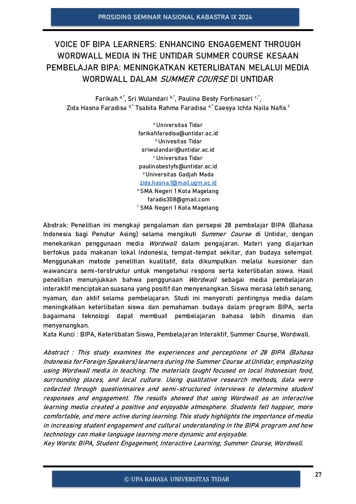 juris Voice of BIPA Learners Enhancing Engagement through Wordwall Media in the Untidar Summer Course Kesaan Pembelajar BIPA