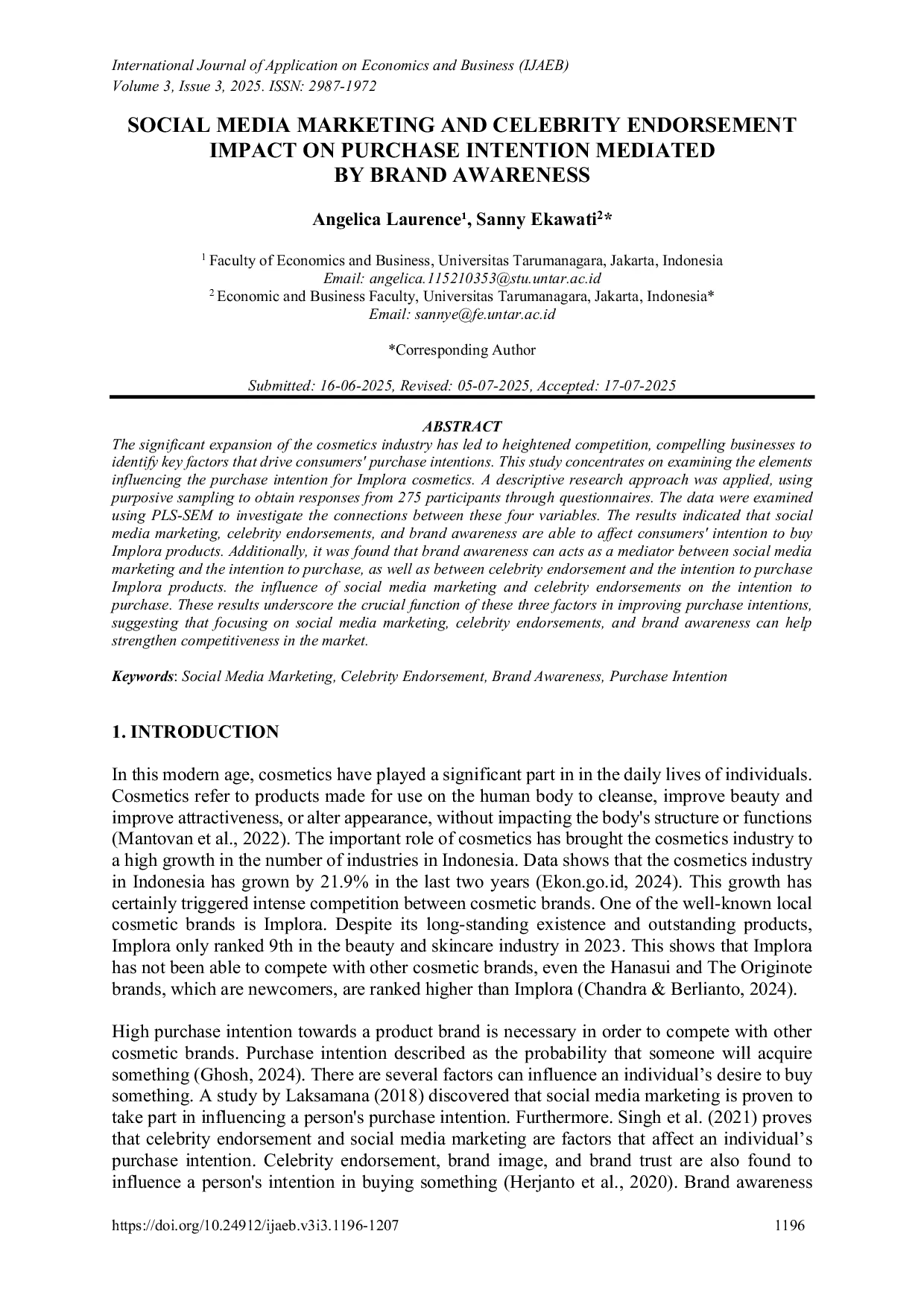 JURIS Social Media Marketing And Celebrity Endorsement Impact On Purchase Intention Mediated By Brand Awareness