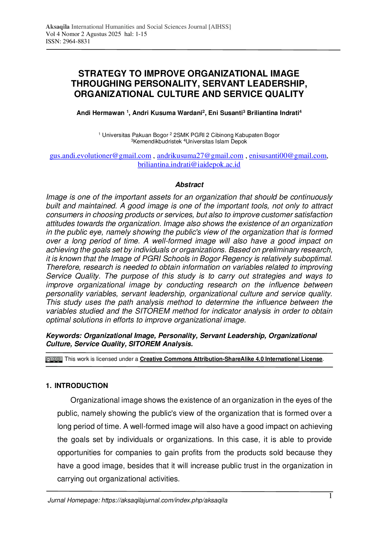 JURIS Strategy To Improve Organizational Image Throughing Personality Servant Leadership Organizational Culture And Service Quality