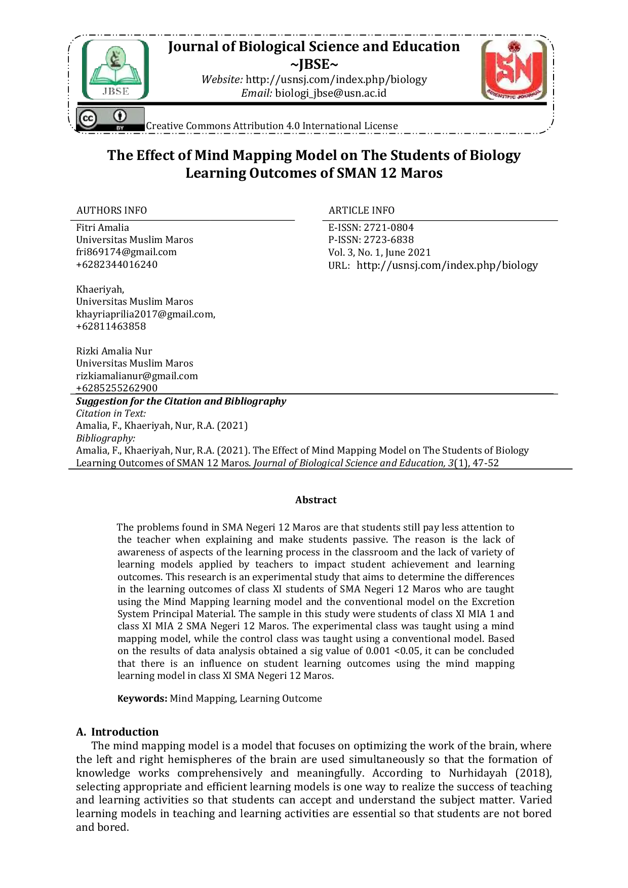 JURIS The Effect of Mind Mapping Model on The Students of Biology Learning Outcomes of SMAN 12 Maros