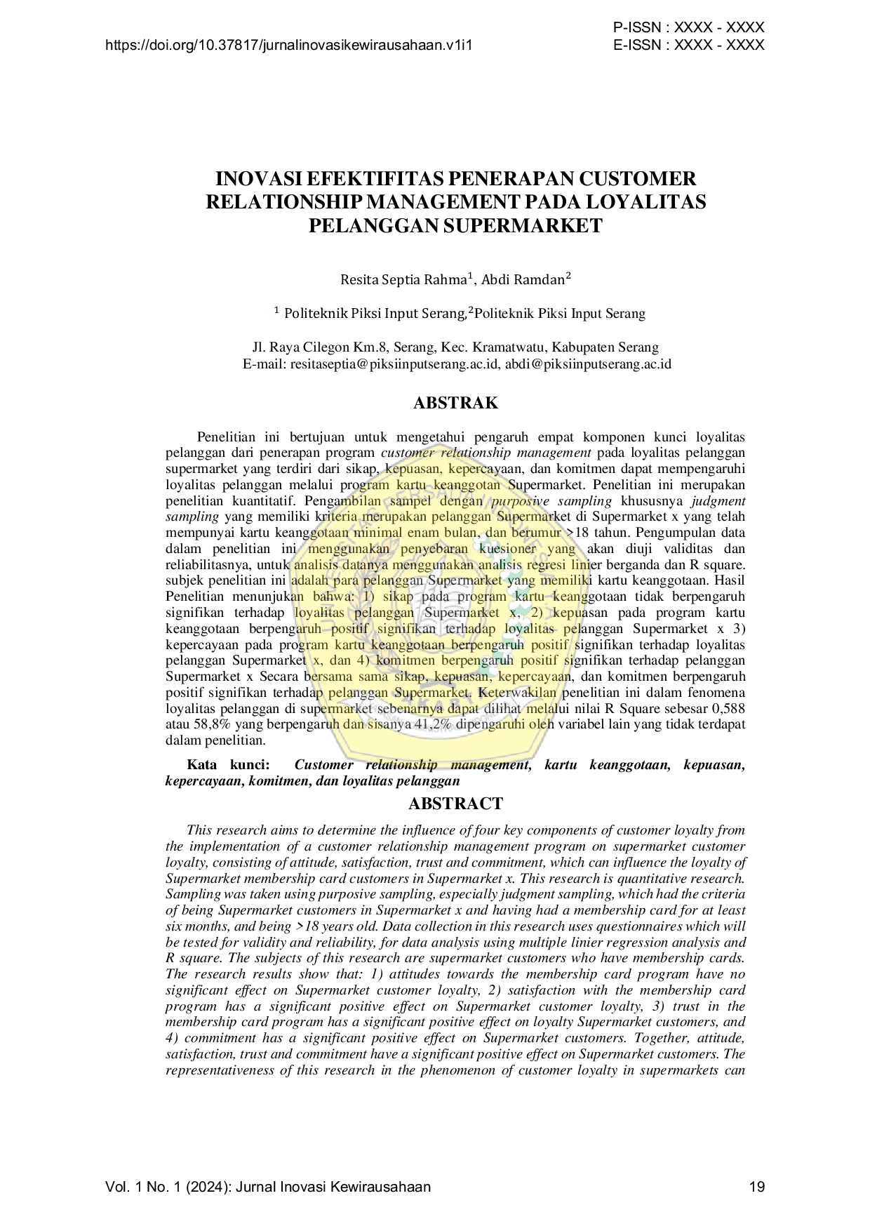 JURIS Inovasi Efektifitas Penerapan Customer Relationship Management Pada Loyalitas Pelanggan Supermarket