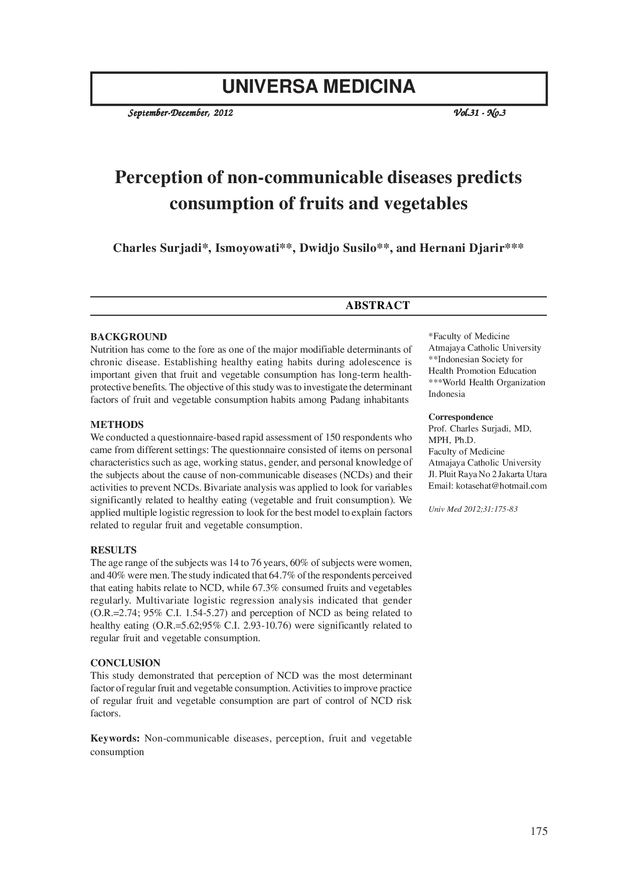 JURIS Perception of non communicable diseases predicts consumption of fruits and vegetables