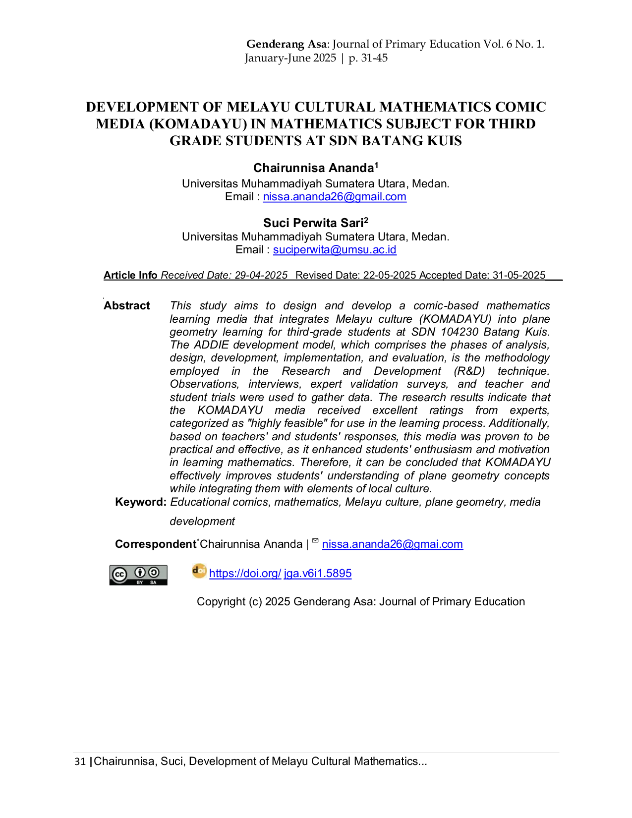 JURIS Development Of Melayu Cultural Mathematics Comic Media Komadayu In Mathematics Subject For Third Grade Students At Sdn Batang Kuis
