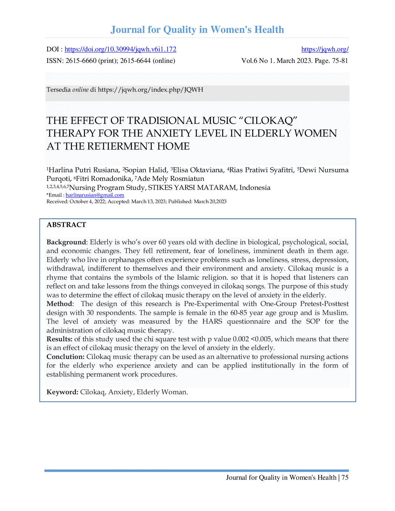 JURIS THE EFFECT OF TRADISIONAL MUSIC CILOKAQ THERAPY FOR THE ANXIETY LEVEL IN ELDERLY WOMEN AT THE RETIERMENT HOME