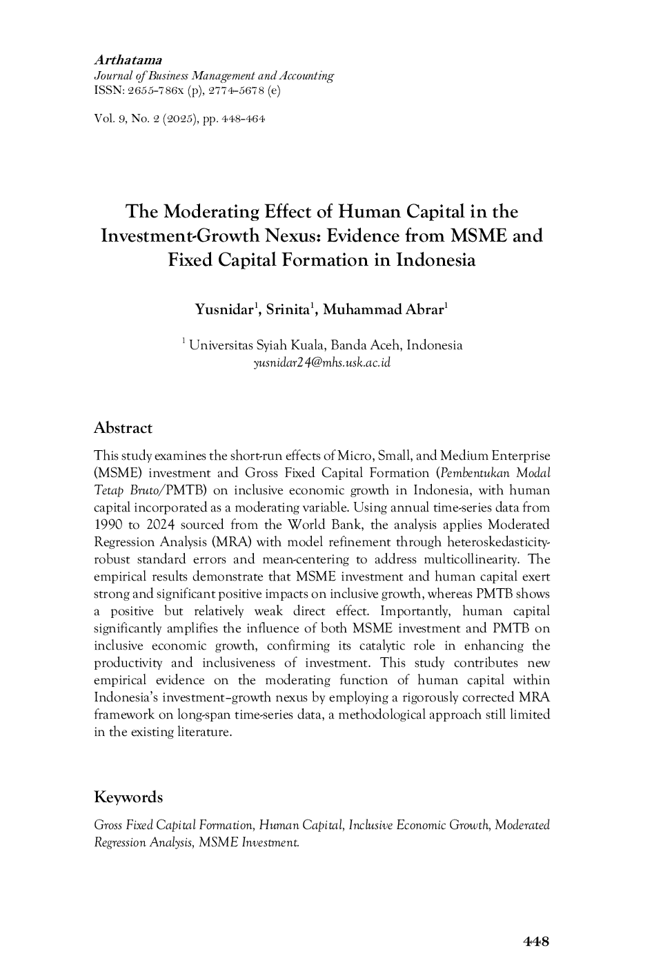 JURIS The Moderating Effect of Human Capital in the Investment Growth Nexus Evidence from MSME and Fixed Capital Formation in Indonesia