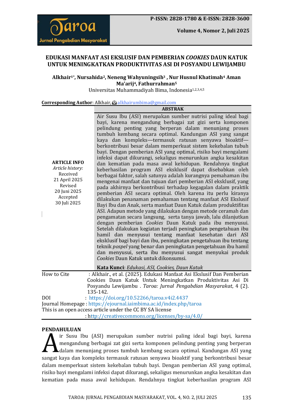 JURIS Edukasi Manfaat Asi Ekslusif Dan Pemberian Cookies Daun Katuk Untuk Meningkatkan Produktivitas Asi Di Posyandu Lewijambu