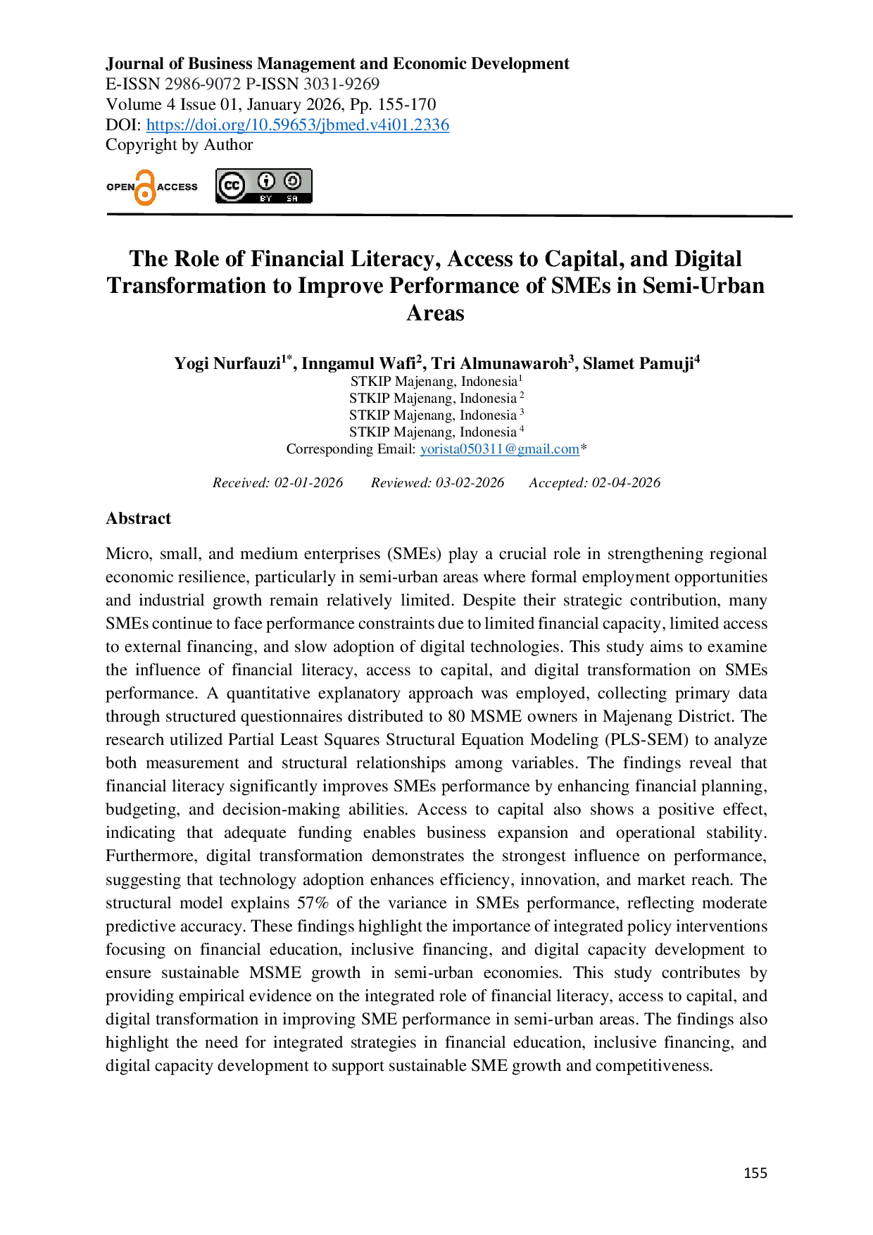 JURIS The Role of Financial Literacy Access to Capital and Digital Transformation to Improve Performance of SMEs in Semi Urban Areas
