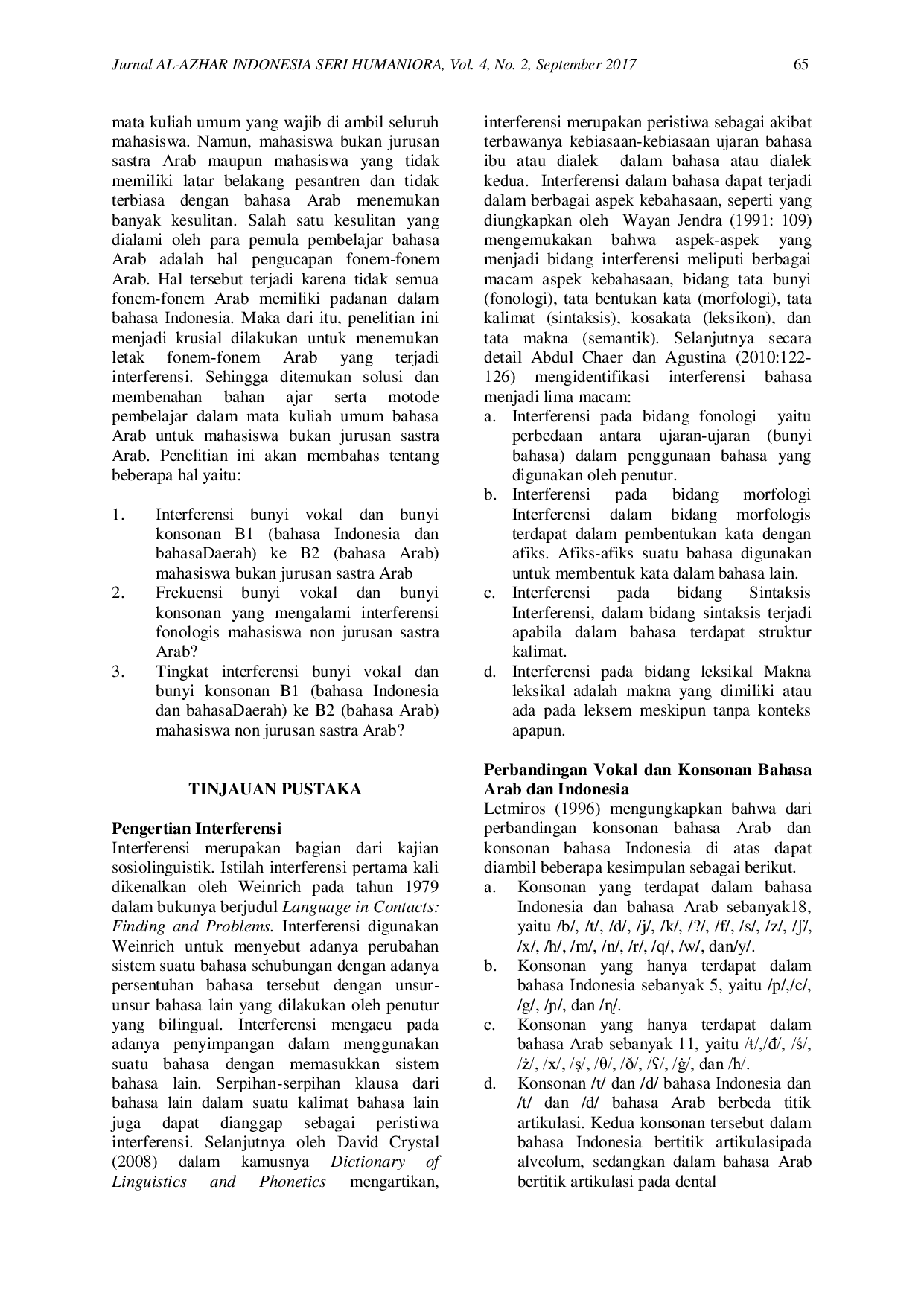 JURIS Interferensi Fonologis Bahasa Arab Analisis Kontrastif Fonem Bahasa Arab Terhadap Fonem Bahasa Indonesia Pada Mahasiswa Universitas Al Azhar Bukan Jurusan Sastra Arab Ay