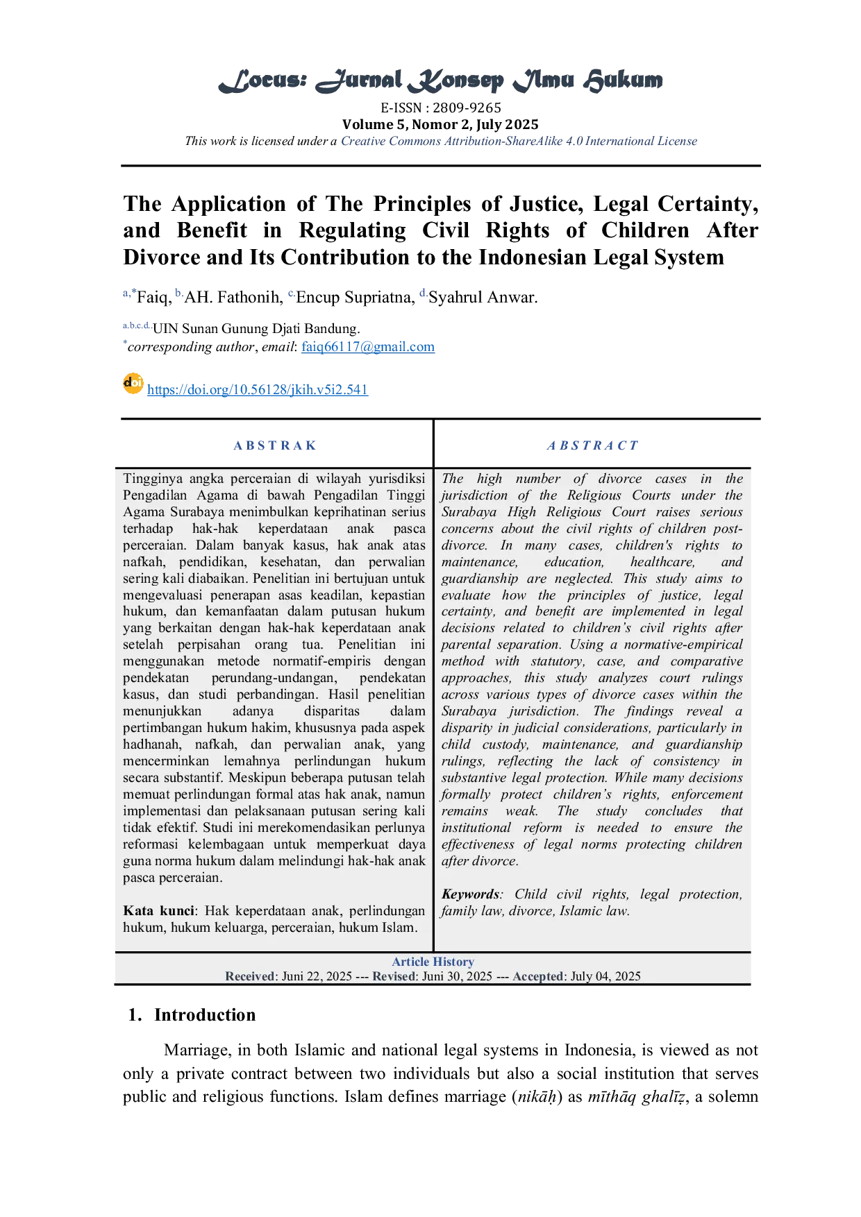 JURIS The Application of The Principles of Justice Legal Certainty and Benefit in Regulating Civil Rights of Children After Divorce and Its Contribution to the Indonesian Legal System