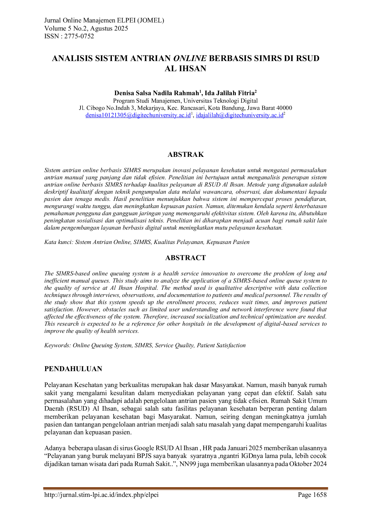 JURIS Analisis Sistem Antrian Online Berbasis Simrs Di RSUD Al Ihsan