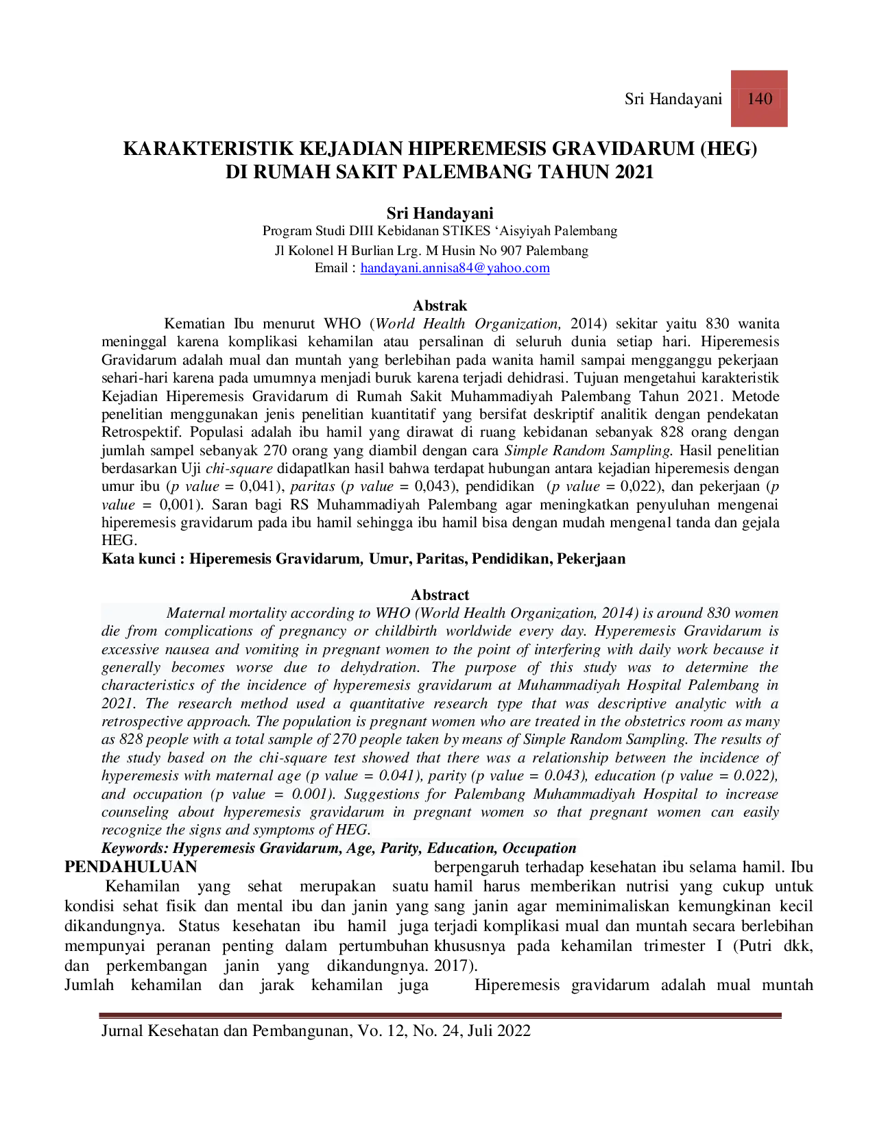 JURIS Karakteristik Kejadian Hiperemesis Gravidarum HEG di Rumah Sakit Palembang Tahun 2021