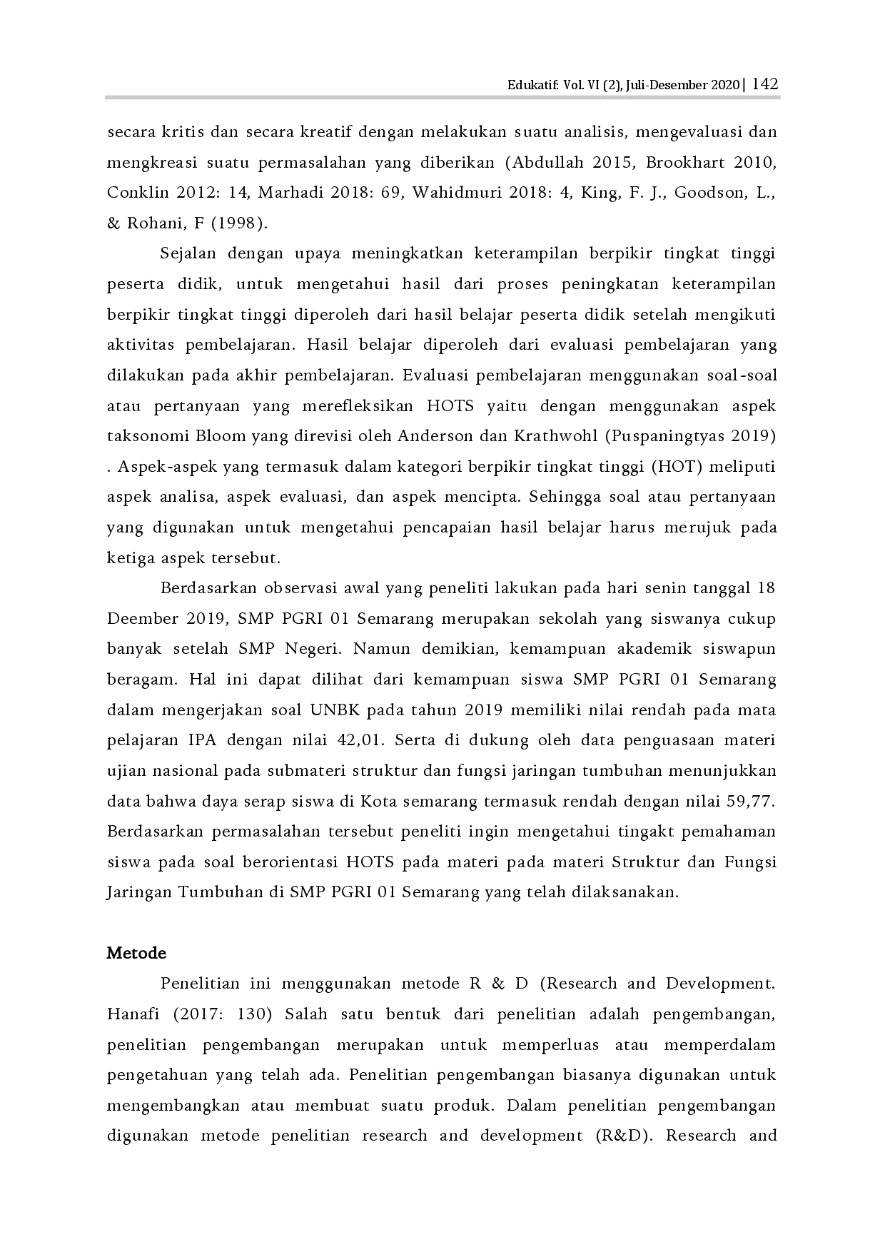 juris Analisis Kemampuan Hots Siswa Kelas Viii Smp Pgri 01 Semarang Pada Materi Struktur Dan Fungsi Jaringan Tumbuhan