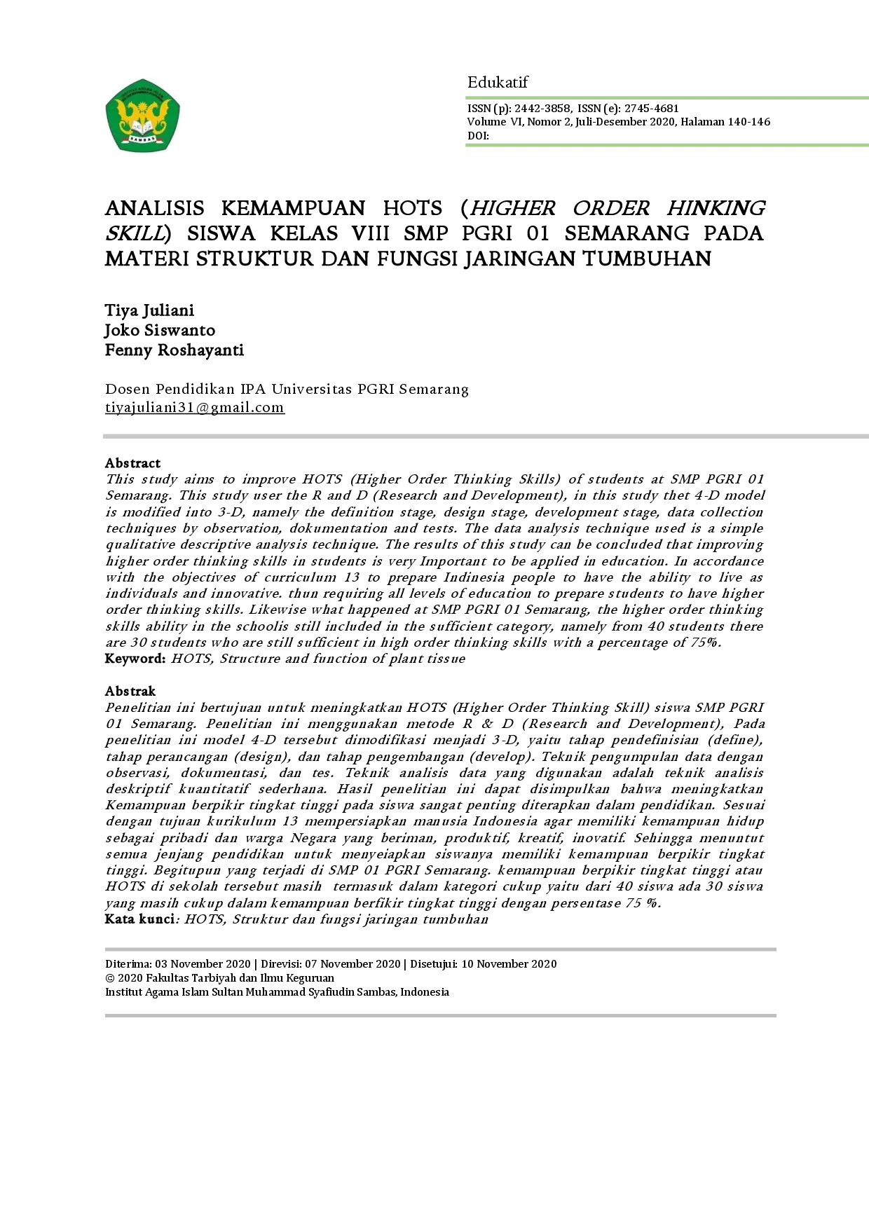 juris Analisis Kemampuan Hots Siswa Kelas Viii Smp Pgri 01 Semarang Pada Materi Struktur Dan Fungsi Jaringan Tumbuhan