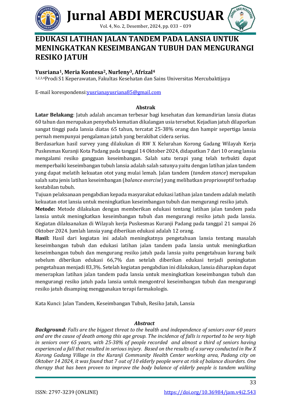JURIS Edukasi Latihan Jalan Tandem Pada Lansia Untuk Meningkatkan Keseimbangan Tubuh Dan Mengurangi Resiko Jatuh