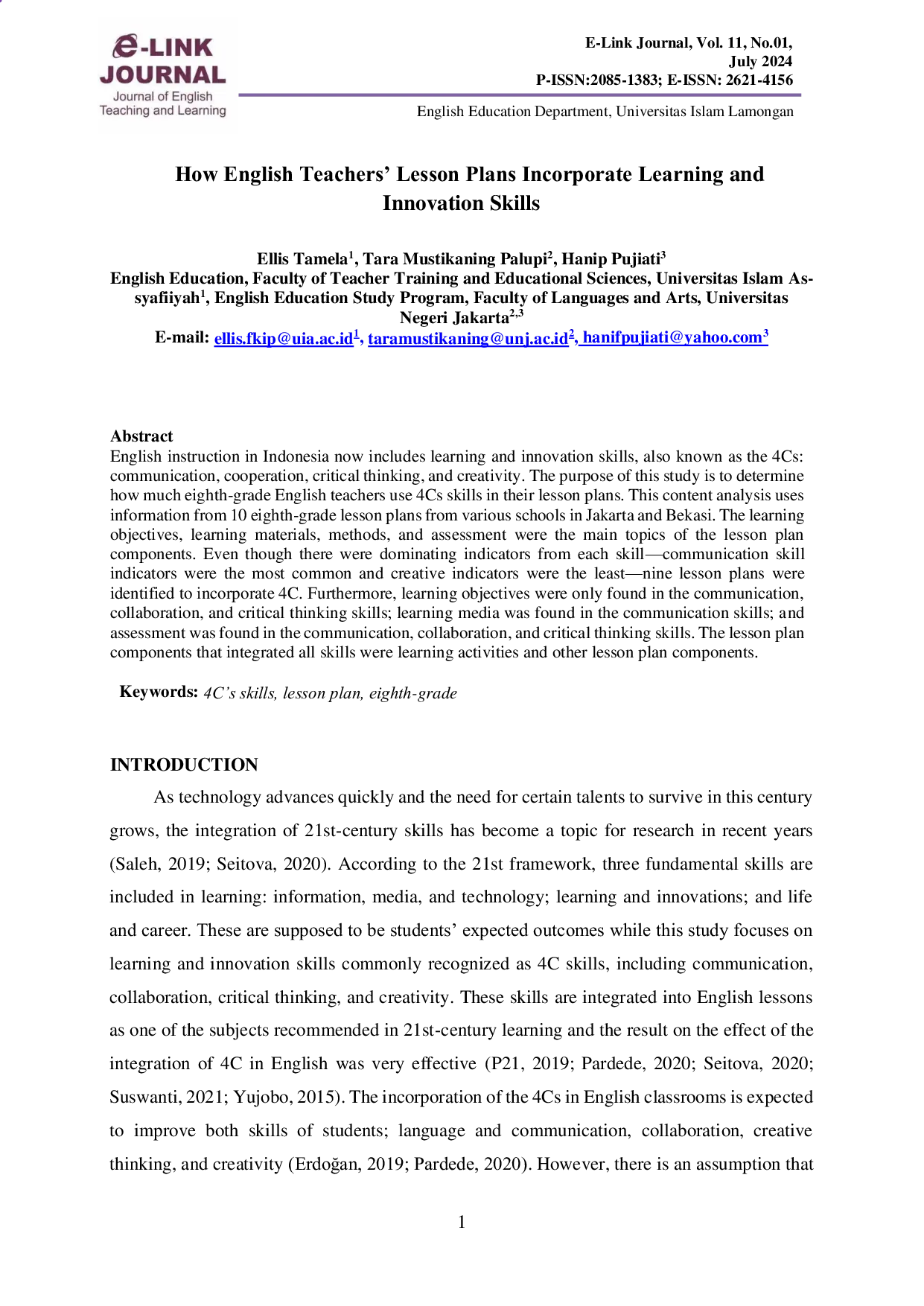 JURIS How English Teachers Lesson Plans Incorporate Learning and Innovation Skills
