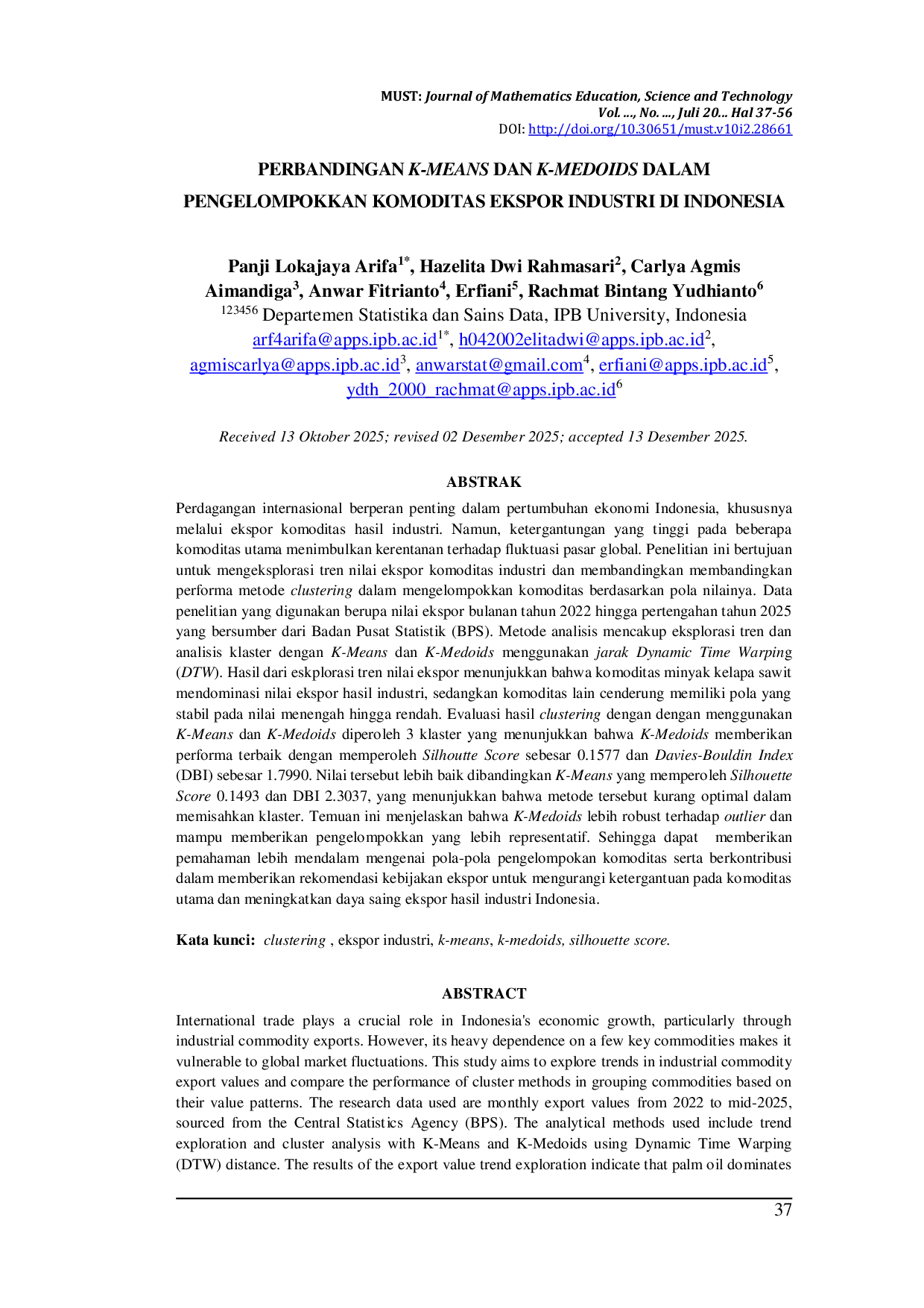 JURIS Perbandingan K Means dan K Medoids dalam Pengelompokkan Komoditas Ekspor Industri di Indonesia