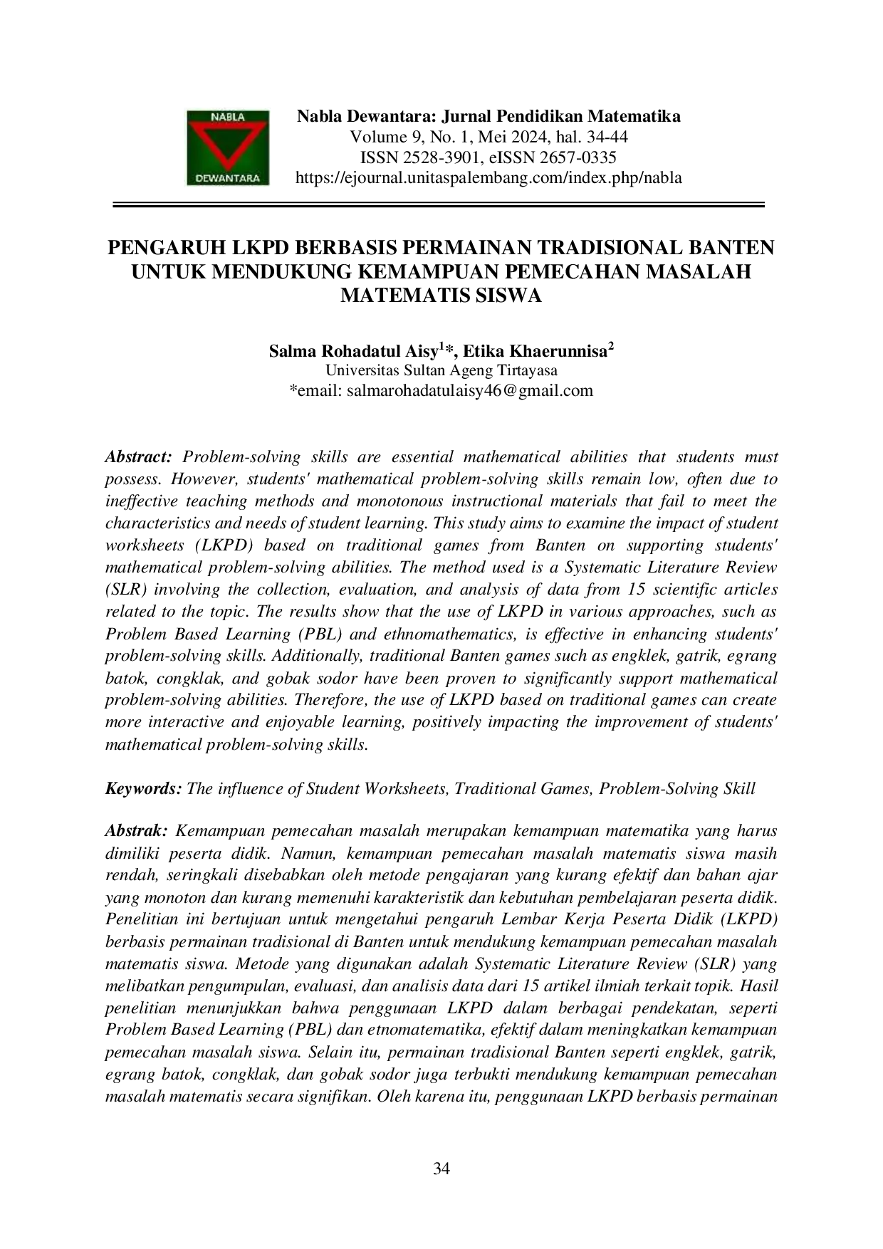 JURIS Pengaruh LKPD Berbasis Permainan Tradisional Banten Untuk Mendukung Kemampuan Pemecahan Masalah Matematis Siswa