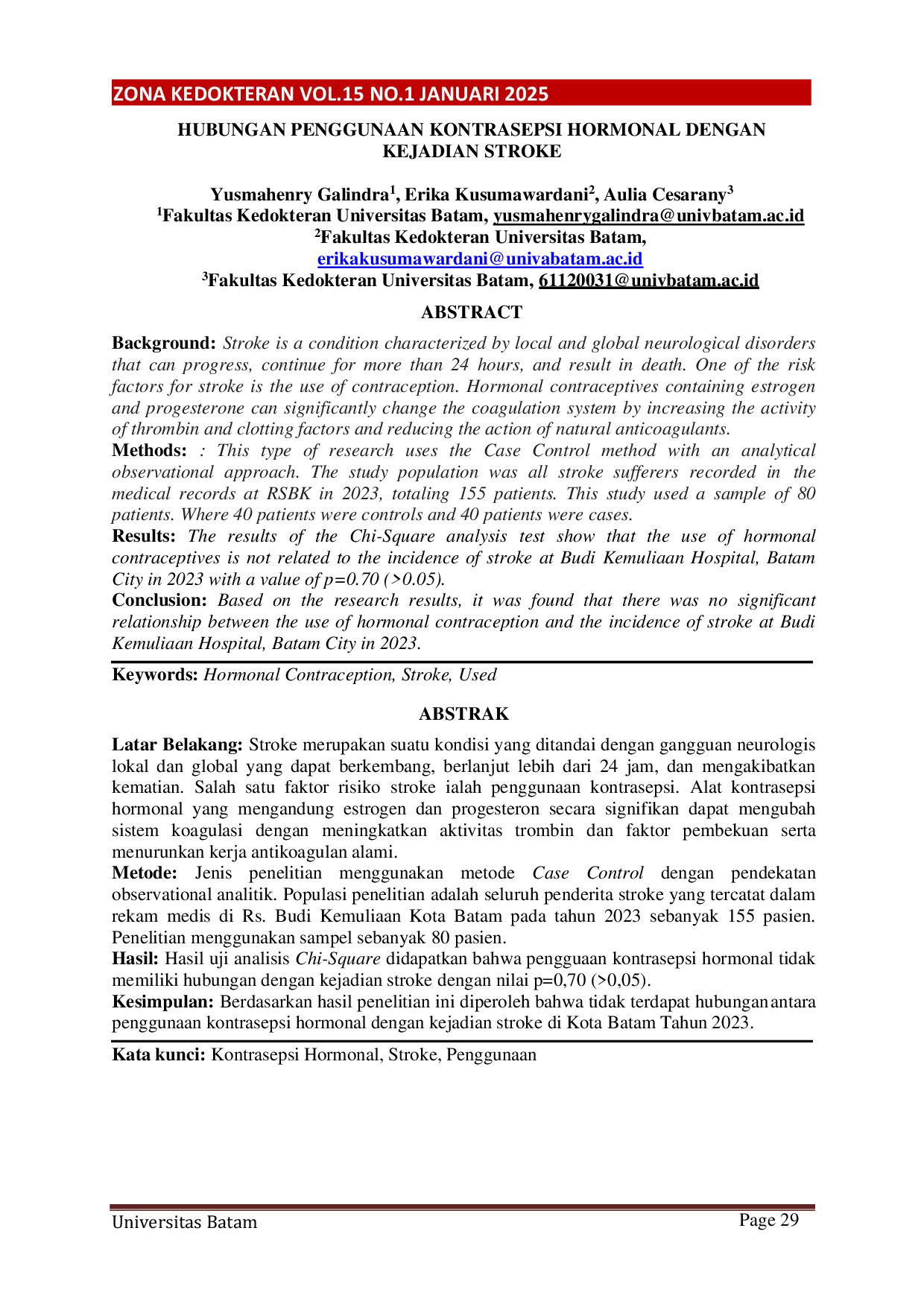 JURIS Hubungan Penggunaan Kontrasepsi Hormonal dengan Kejadian Stroke