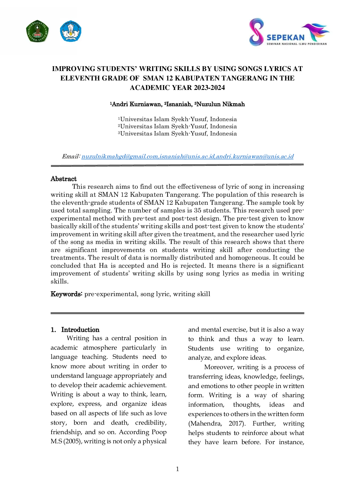 JURIS Improving Students Writing Skills by Using Songs Lyrics at Eleventh Grade of SMAN 12 Kabupaten Tangerang in the Academic Year 2023 2024