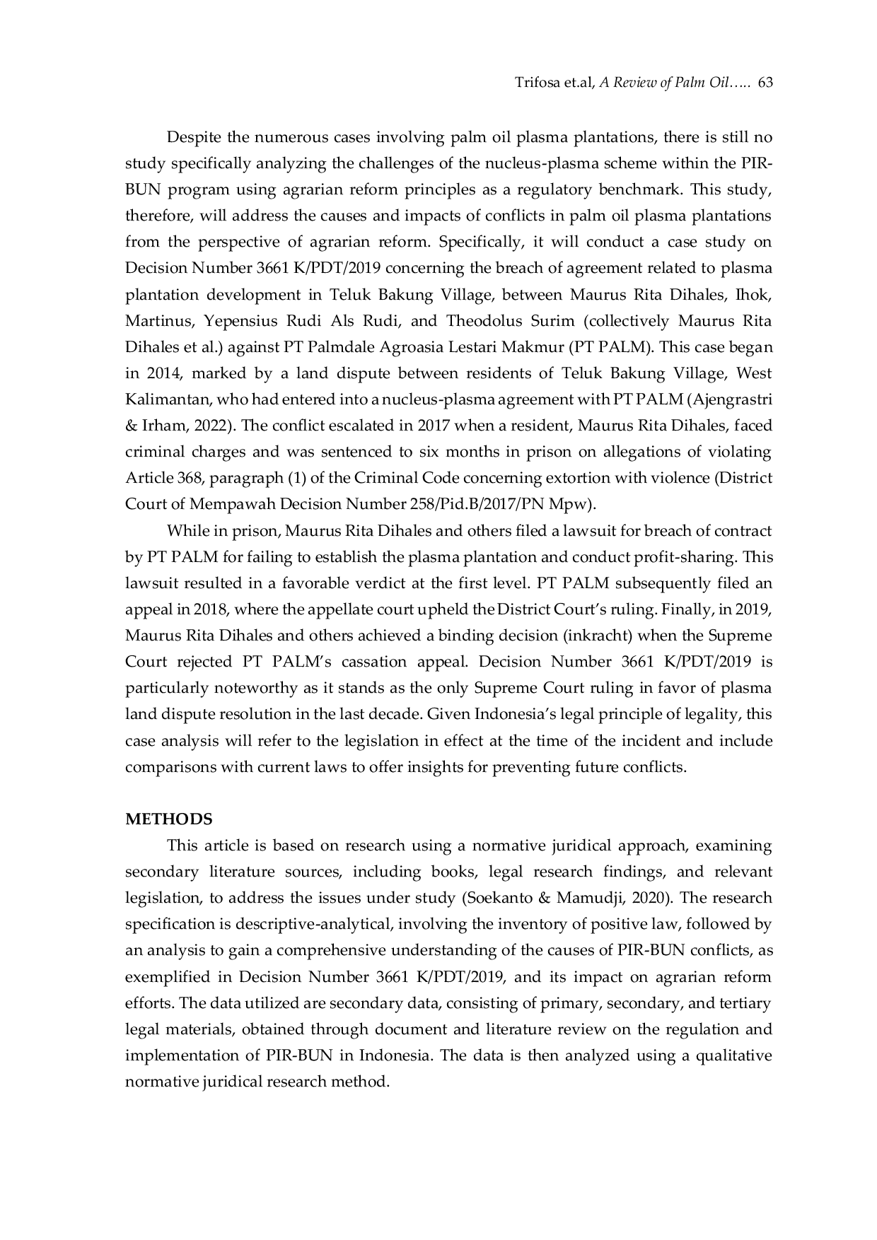 JURIS A Review of Palm Oil Plasma Land Conflicts from The Perspective of Agrarian Reform Analysis of Decision Number 3661 K PDT 2019