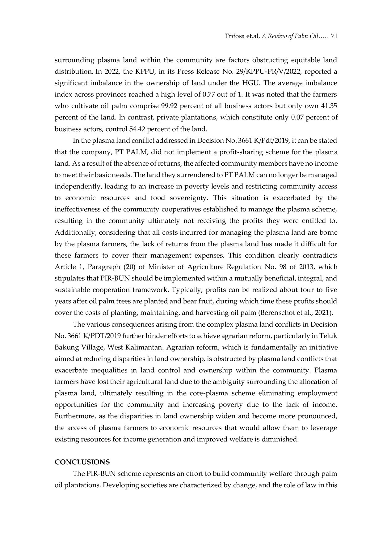 JURIS A Review of Palm Oil Plasma Land Conflicts from The Perspective of Agrarian Reform Analysis of Decision Number 3661 K PDT 2019