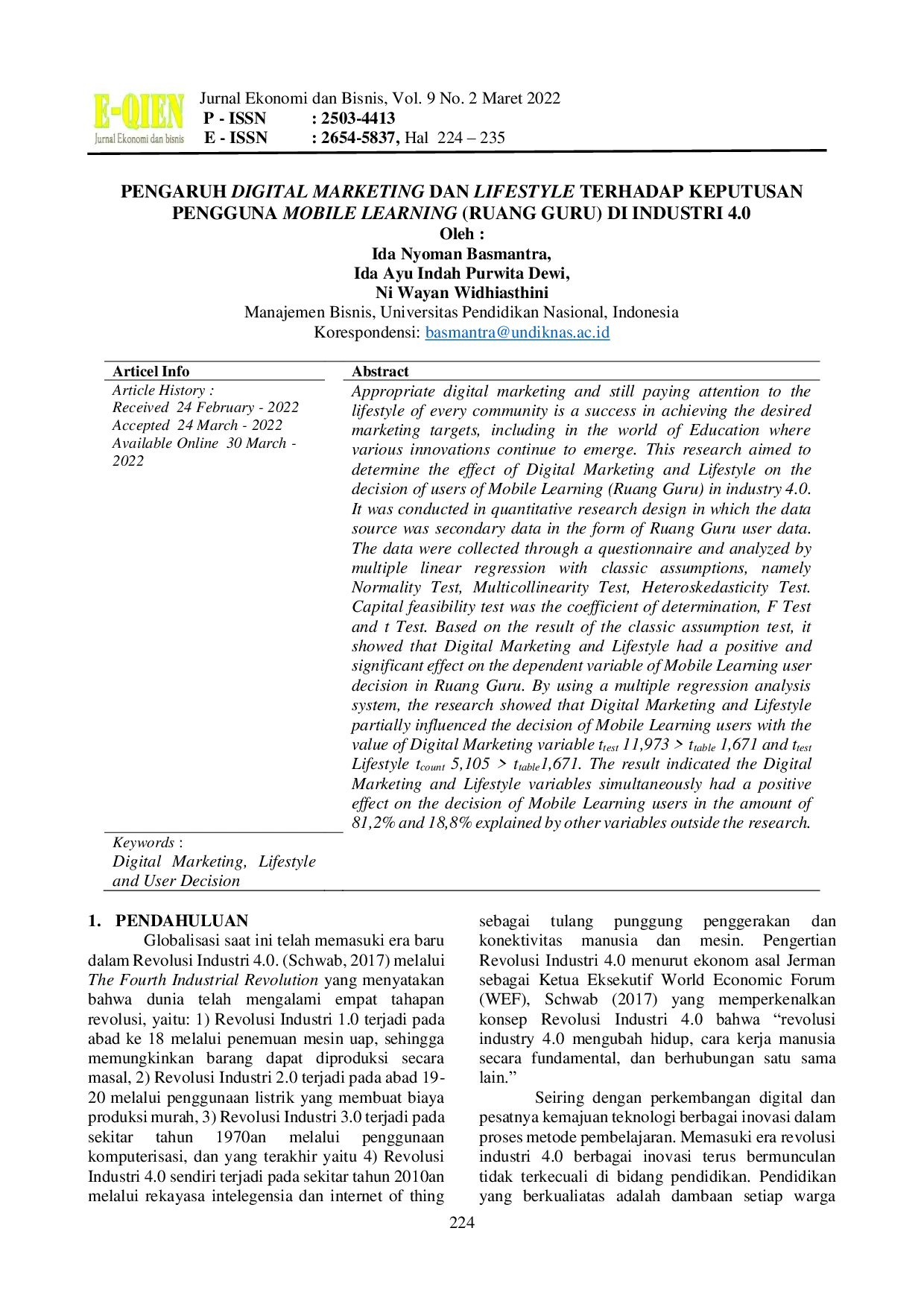 JURIS The Effect of Digital Marketing and Lifestyle Towards the Users Decision on Mobile Learning Ruang Guru In The Industry 4 0