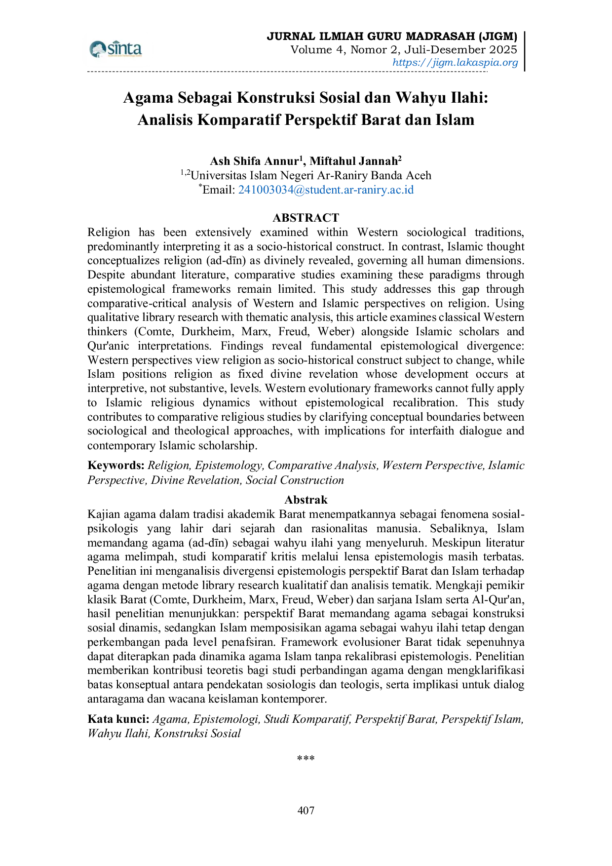 JURIS Agama Sebagai Konstruksi Sosial dan Wahyu Ilahi Analisis Komparatif Perspektif Barat dan Islam