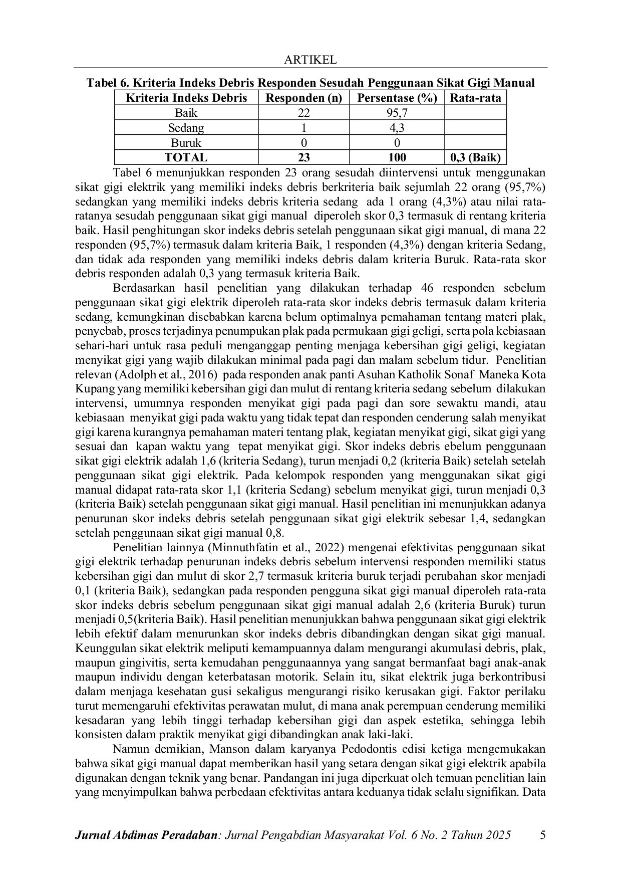 JURIS Indeks Debris Sebelum dan Setelah Penggunaan Sikat Gigi Elektrik Dibandingkan dengan Sikat Gigi Manual pada Penghuni Panti Asuhan Asryada Bogor