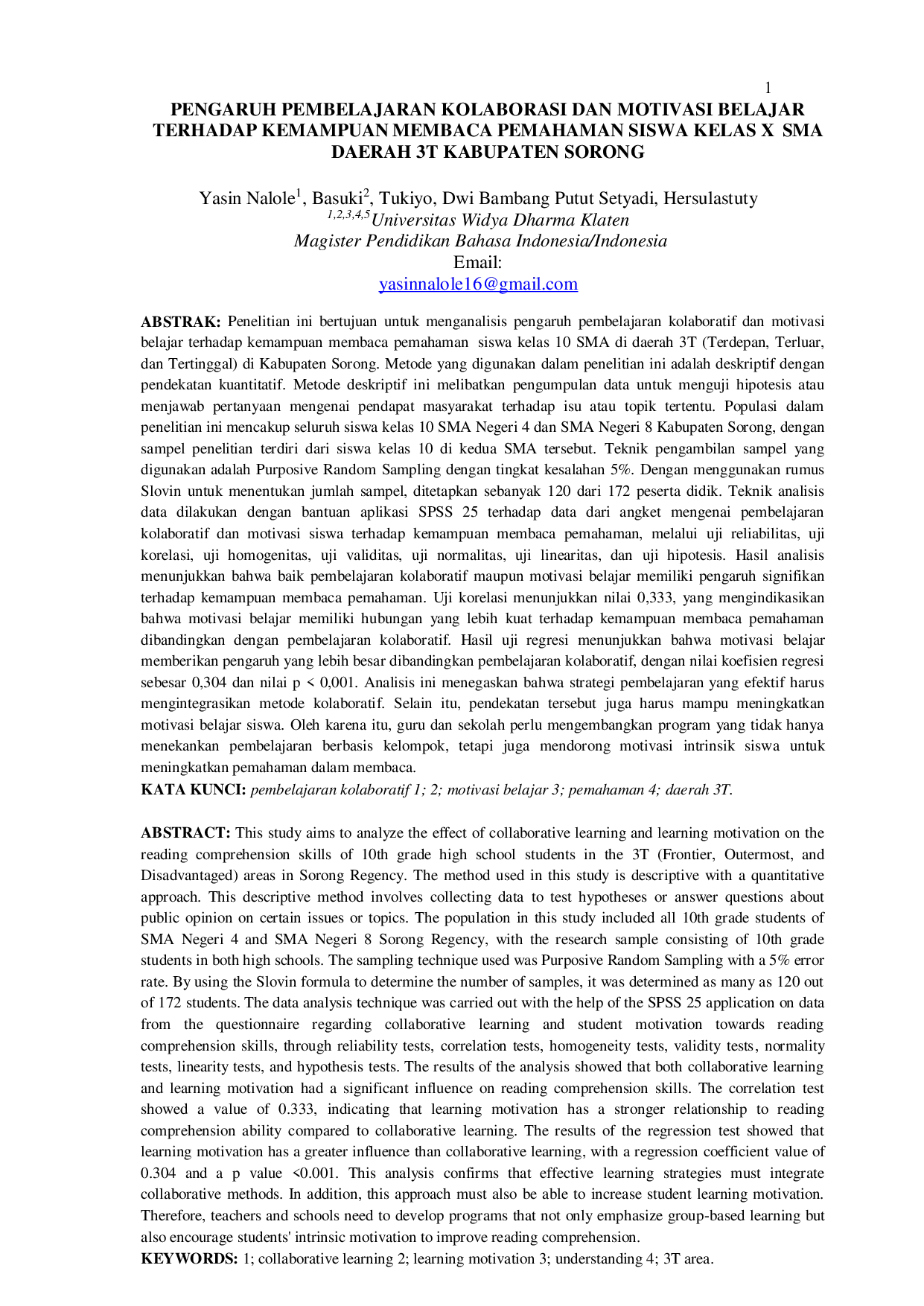 JURIS Pengaruh Pembelajaran Kolaborasi dan Motivasi Belajar Terhadap Kemampuan Membaca Pemahaman Siswa Kelas X SMA Daerah 3T Kabupaten Sorong