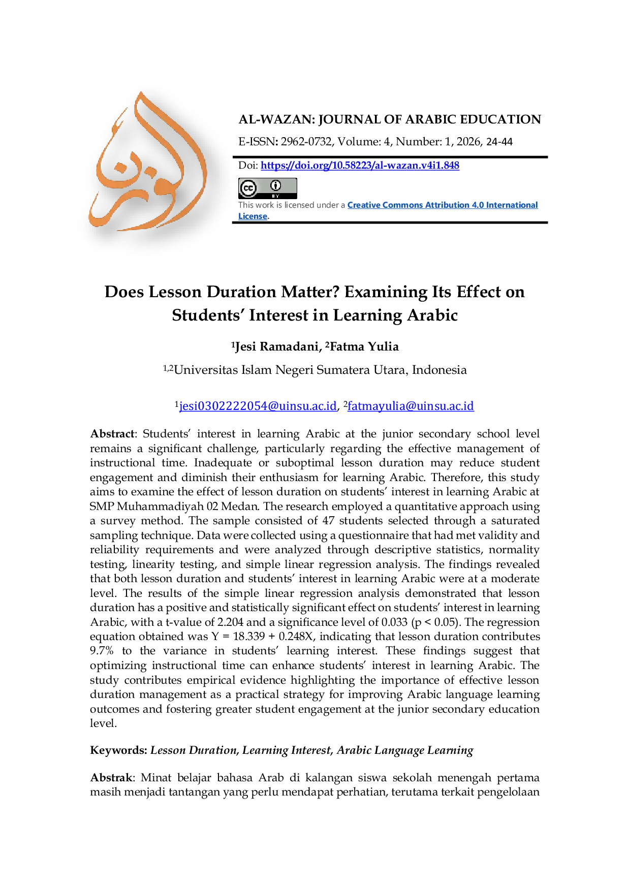 JURIS Does Lesson Duration Matter Examining Its Effect on Students Interest in Learning Arabic