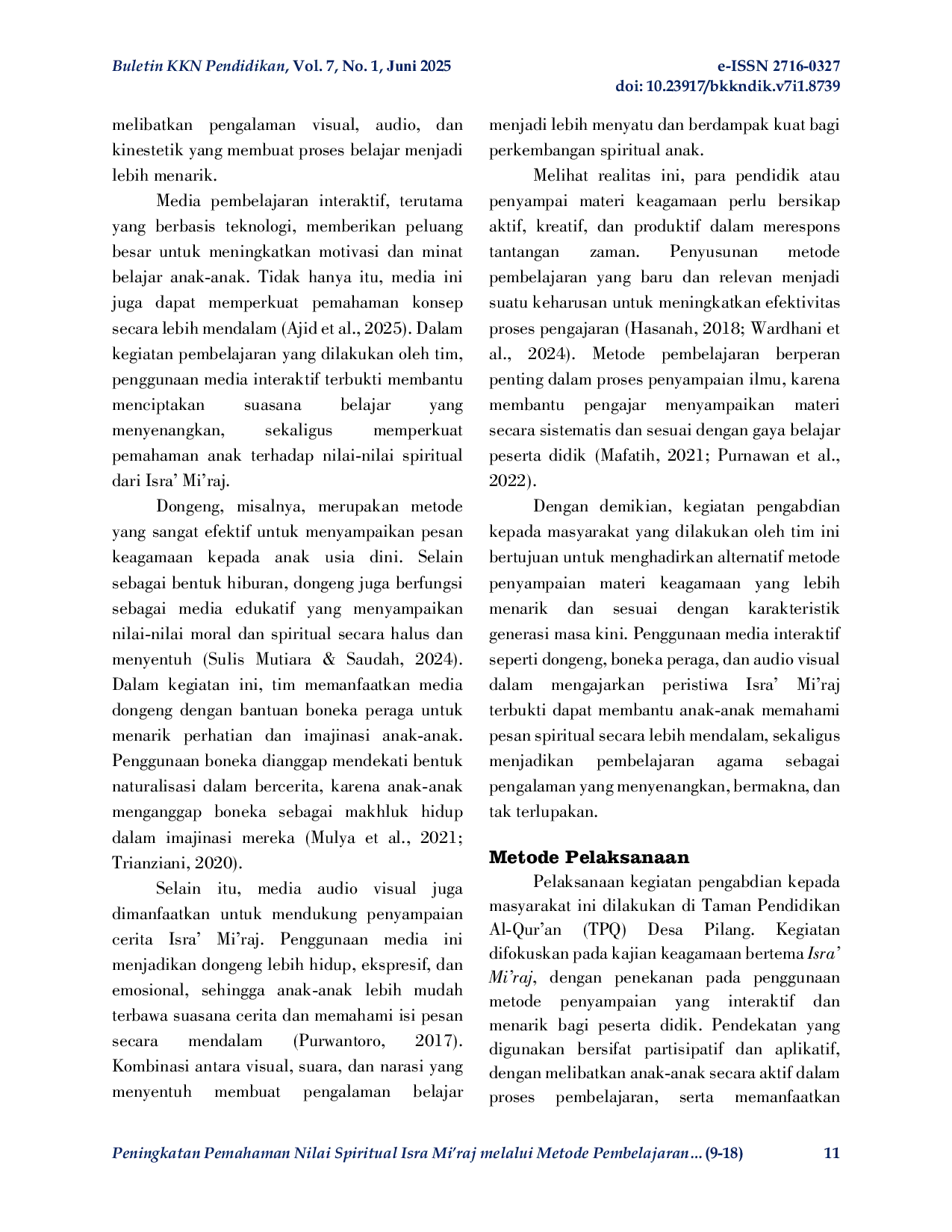 JURIS Peningkatan Pemahaman Nilai Spiritual Isra Mi raj melalui Metode Pembelajaran Interaktif bagi Anak Anak TPQ Desa Pilang