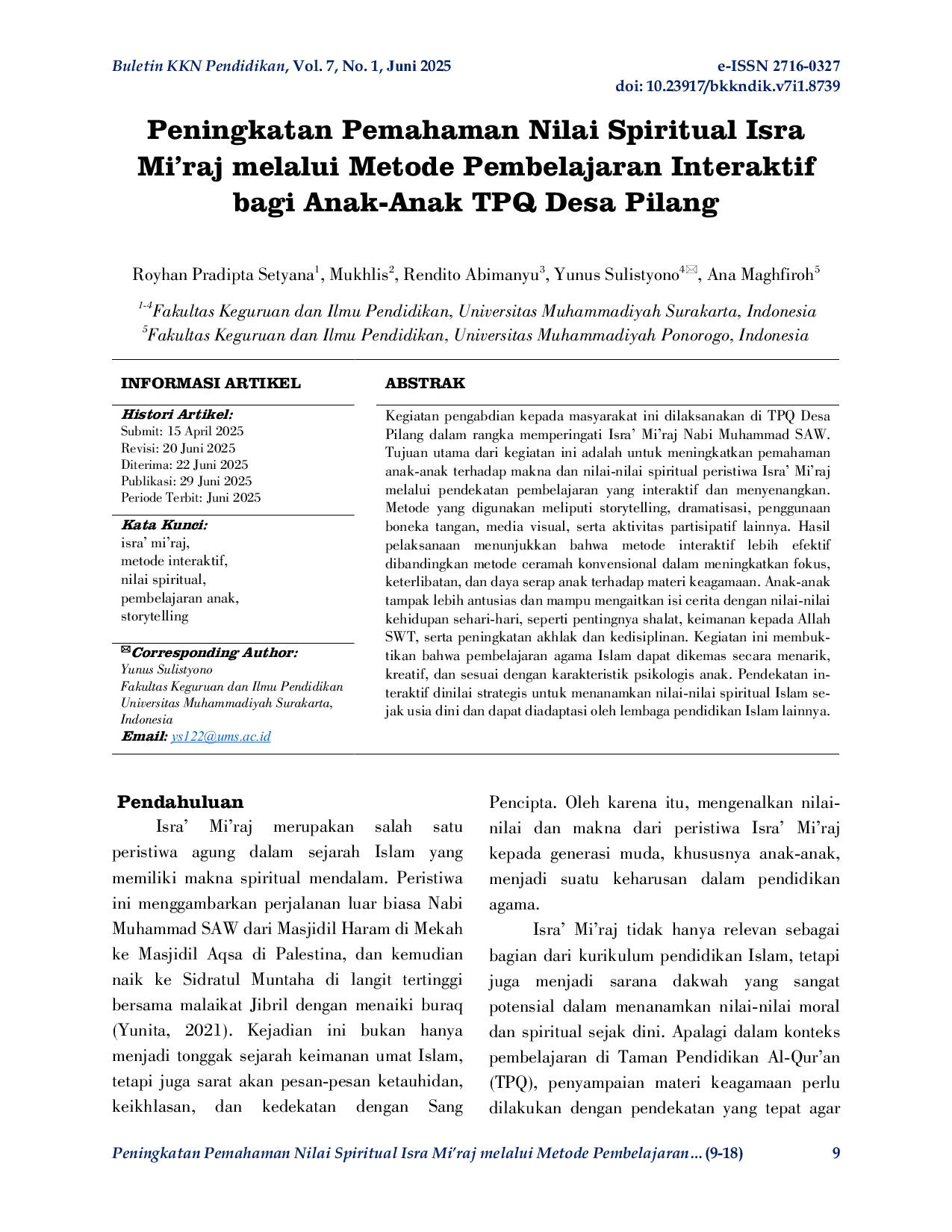 JURIS Peningkatan Pemahaman Nilai Spiritual Isra Mi raj melalui Metode Pembelajaran Interaktif bagi Anak Anak TPQ Desa Pilang