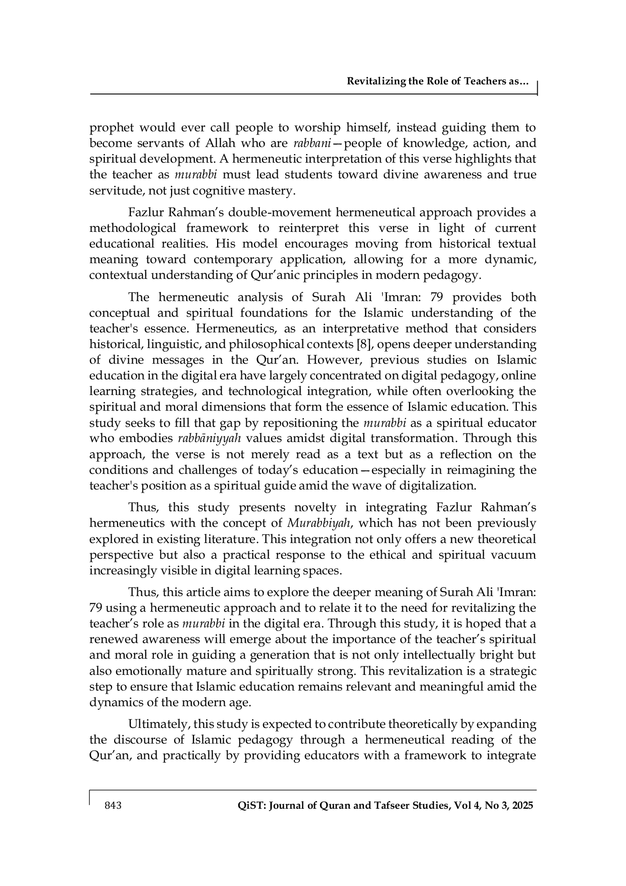 JURIS Revitalizing the Teacher s Role as Murabbi through Fazlur Rahman s Qur anic Hermeneutics in Digital Pedagogy