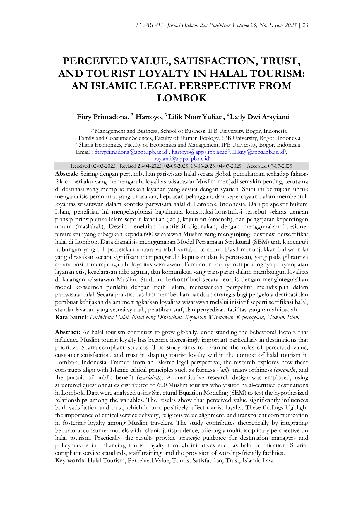 JURIS Nilai yang Dirasakan Kepuasan Kepercayaan dan Loyalitas Wisatawan dalam Pariwisata Halal Perspektif Hukum Islam dari Lombok