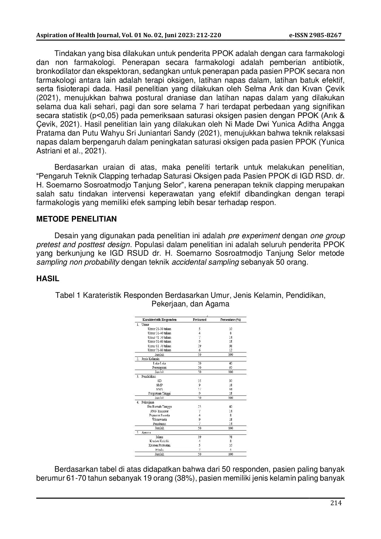 JURIS PENGARUH TEKNIK CLAPPING DAN RELAKSASI NAPAS DALAM TERHADAP SATURASI OKSIGEN PADA PASIEN PPOK DI IGD RSUD dr H SOEMARNO SOSROATMODJO TANJUNG SELOR