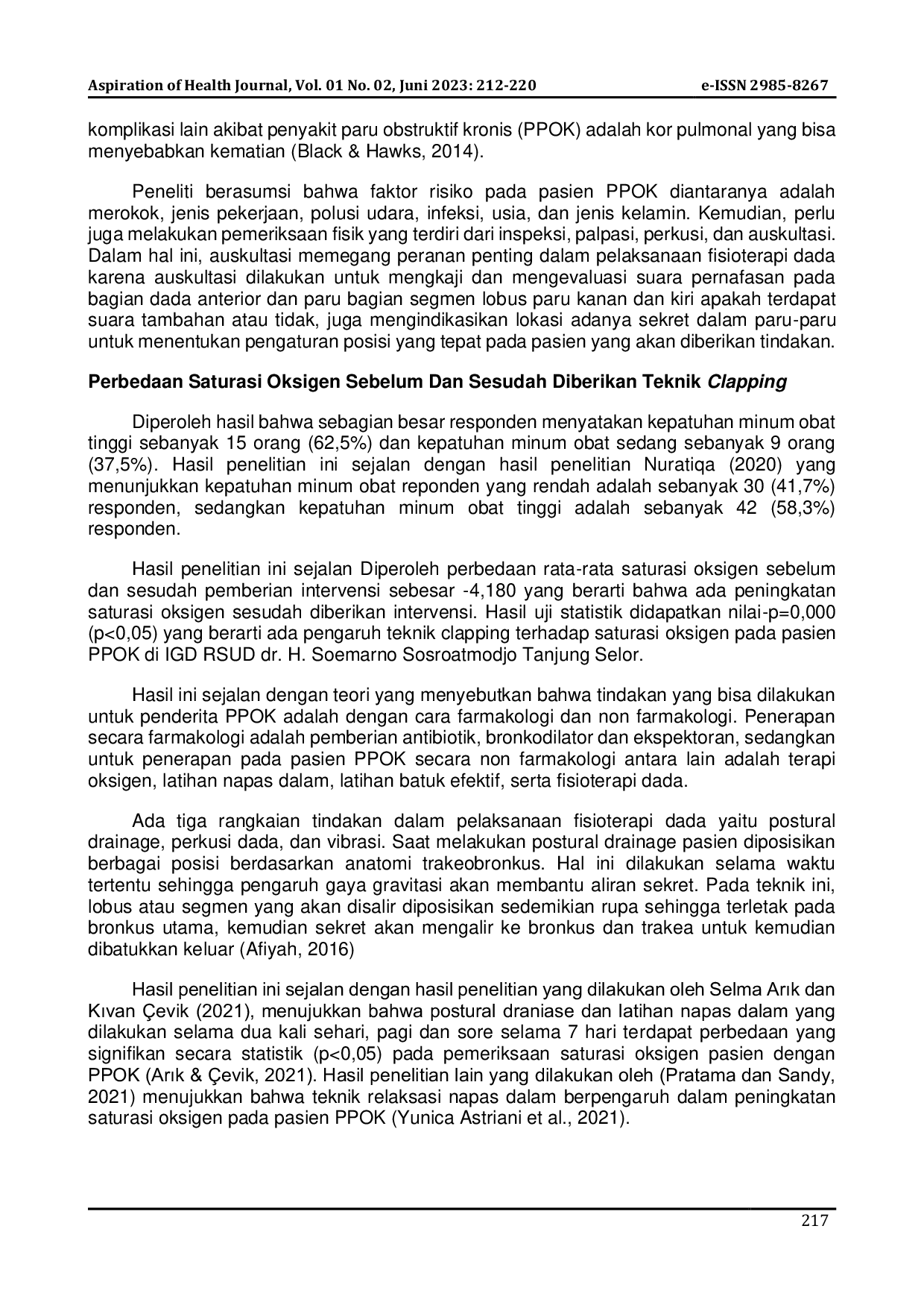 JURIS PENGARUH TEKNIK CLAPPING DAN RELAKSASI NAPAS DALAM TERHADAP SATURASI OKSIGEN PADA PASIEN PPOK DI IGD RSUD dr H SOEMARNO SOSROATMODJO TANJUNG SELOR
