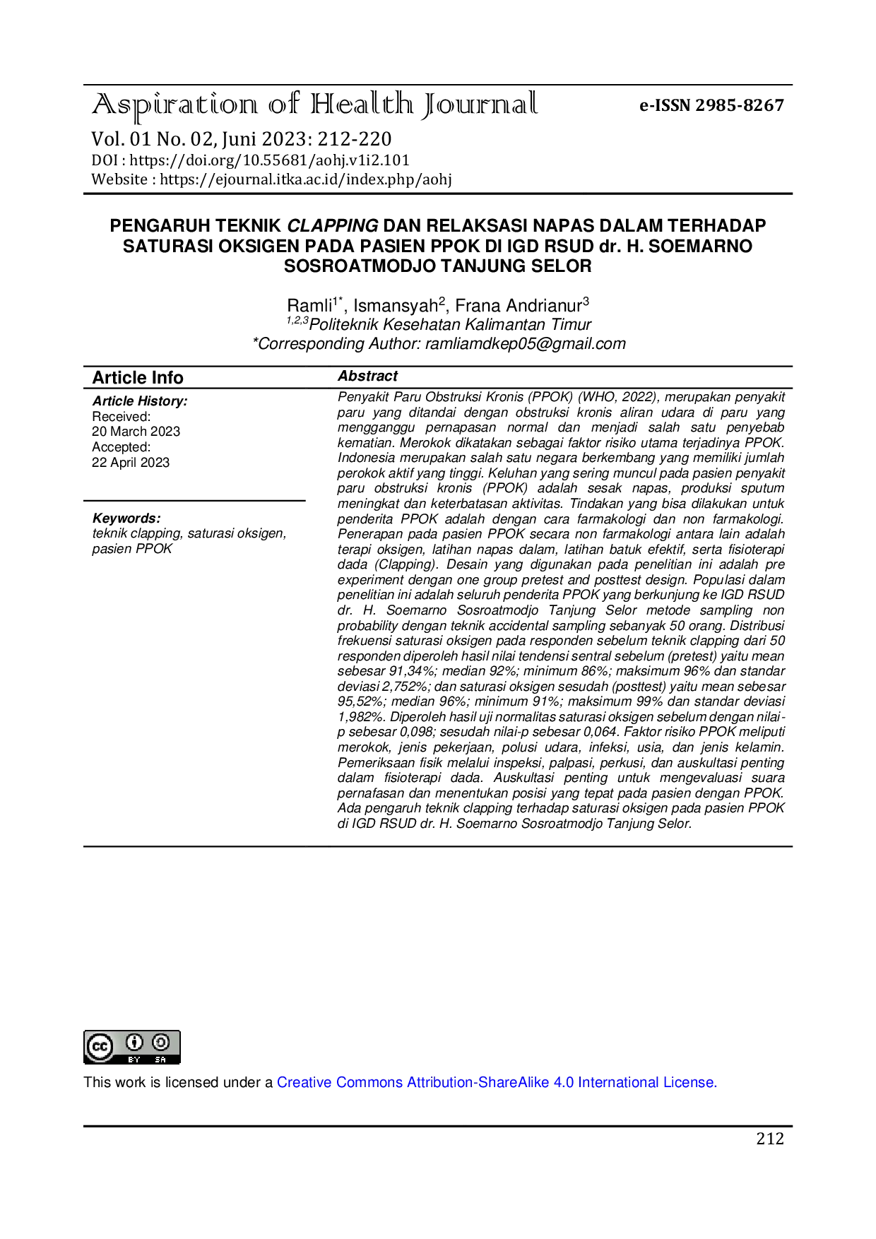 JURIS PENGARUH TEKNIK CLAPPING DAN RELAKSASI NAPAS DALAM TERHADAP SATURASI OKSIGEN PADA PASIEN PPOK DI IGD RSUD dr H SOEMARNO SOSROATMODJO TANJUNG SELOR