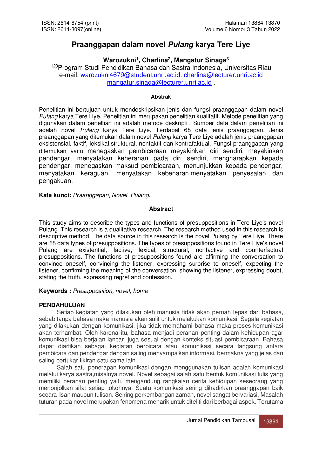 JURIS Praanggapan dalam novel Pulang karya Tere Liye