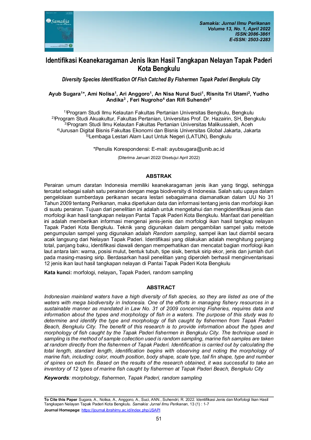 JURIS Identifikasi Keanekaragaman Jenis Ikan Hasil Tangkapan Nelayan Tapak Paderi Kota Bengkulu
