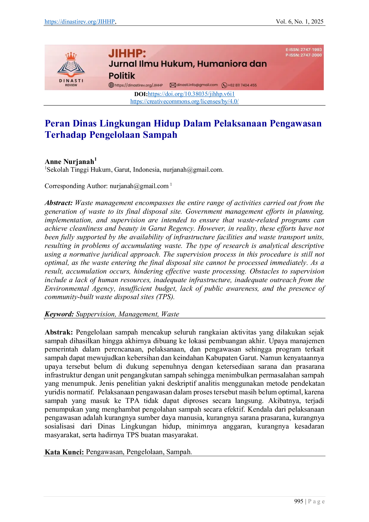 JURIS Peran Dinas Lingkungan Hidup Dalam Pelaksanaan Pengawasan Terhadap Pengelolaan Sampah