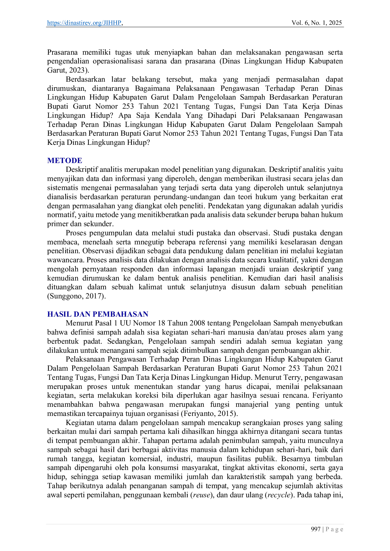 JURIS Peran Dinas Lingkungan Hidup Dalam Pelaksanaan Pengawasan Terhadap Pengelolaan Sampah